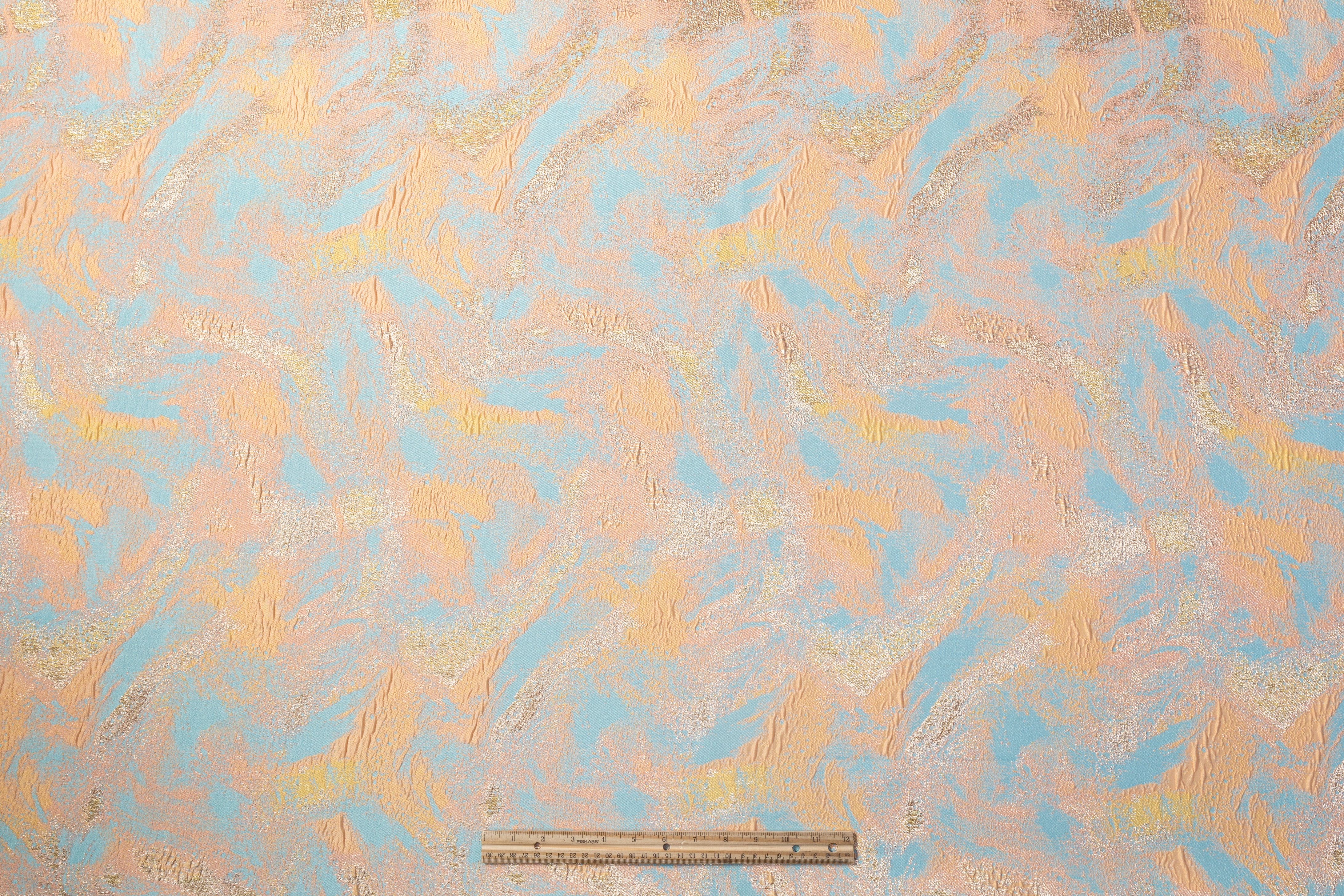 Abstract Metallic Cloqué Brocade - Peach / Blue / Gold