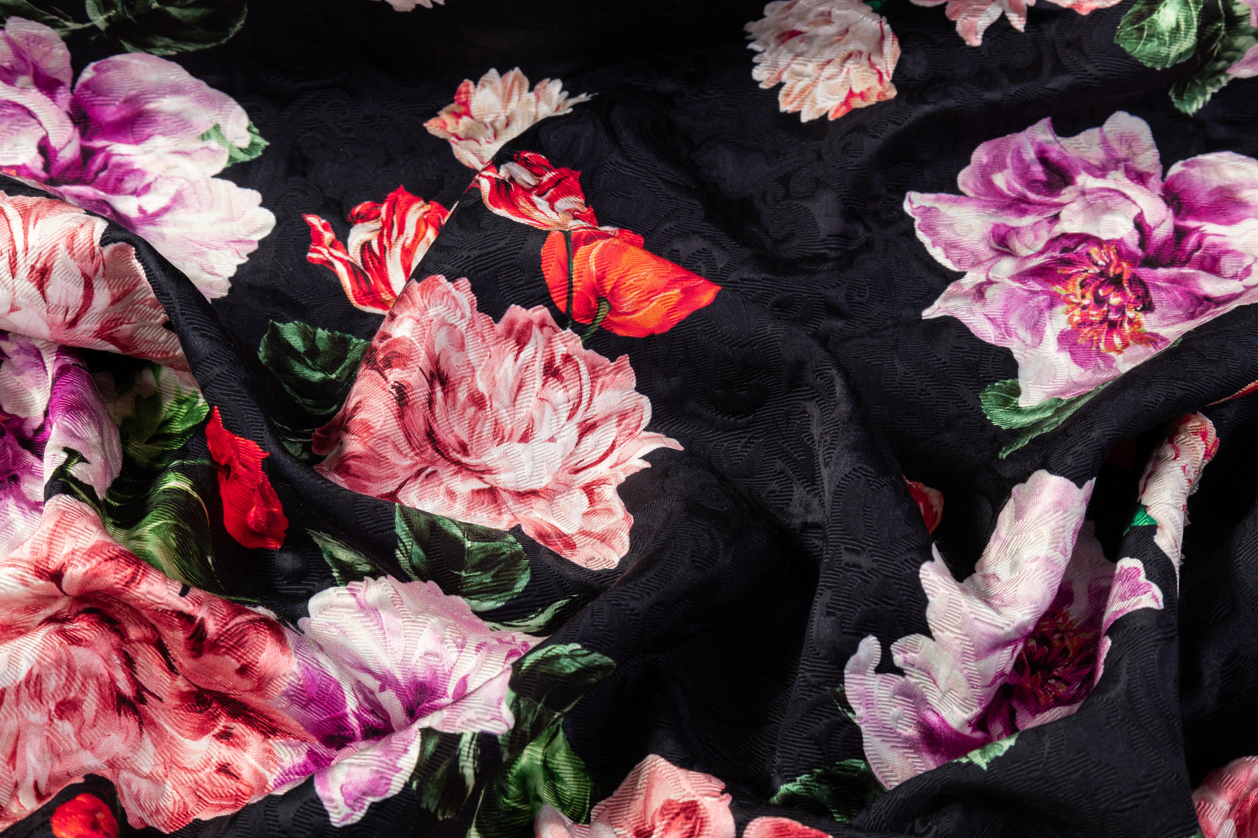 Emanuel Ungaro - Floral Italian Cotton Brocade - Midnight Navy / Red / Pink