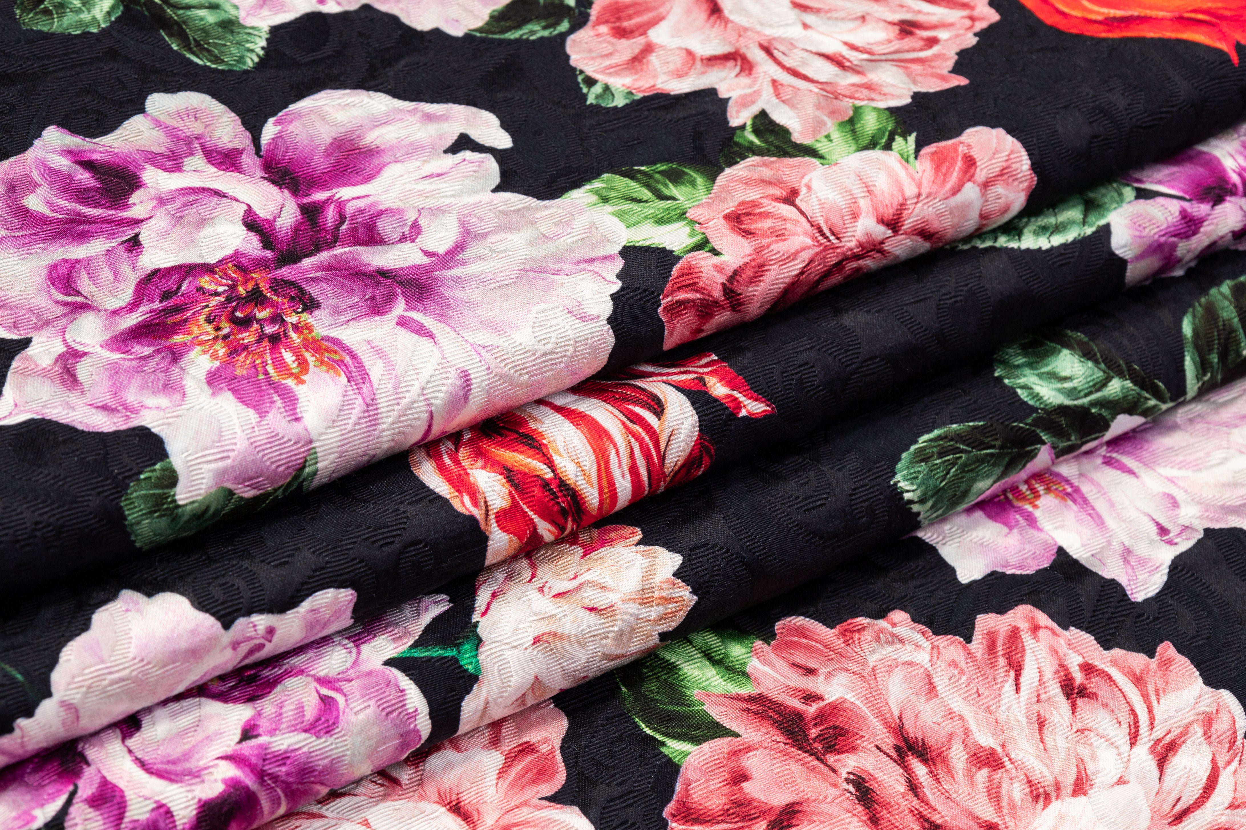 Emanuel Ungaro - Floral Italian Cotton Brocade - Midnight Navy / Red / Pink