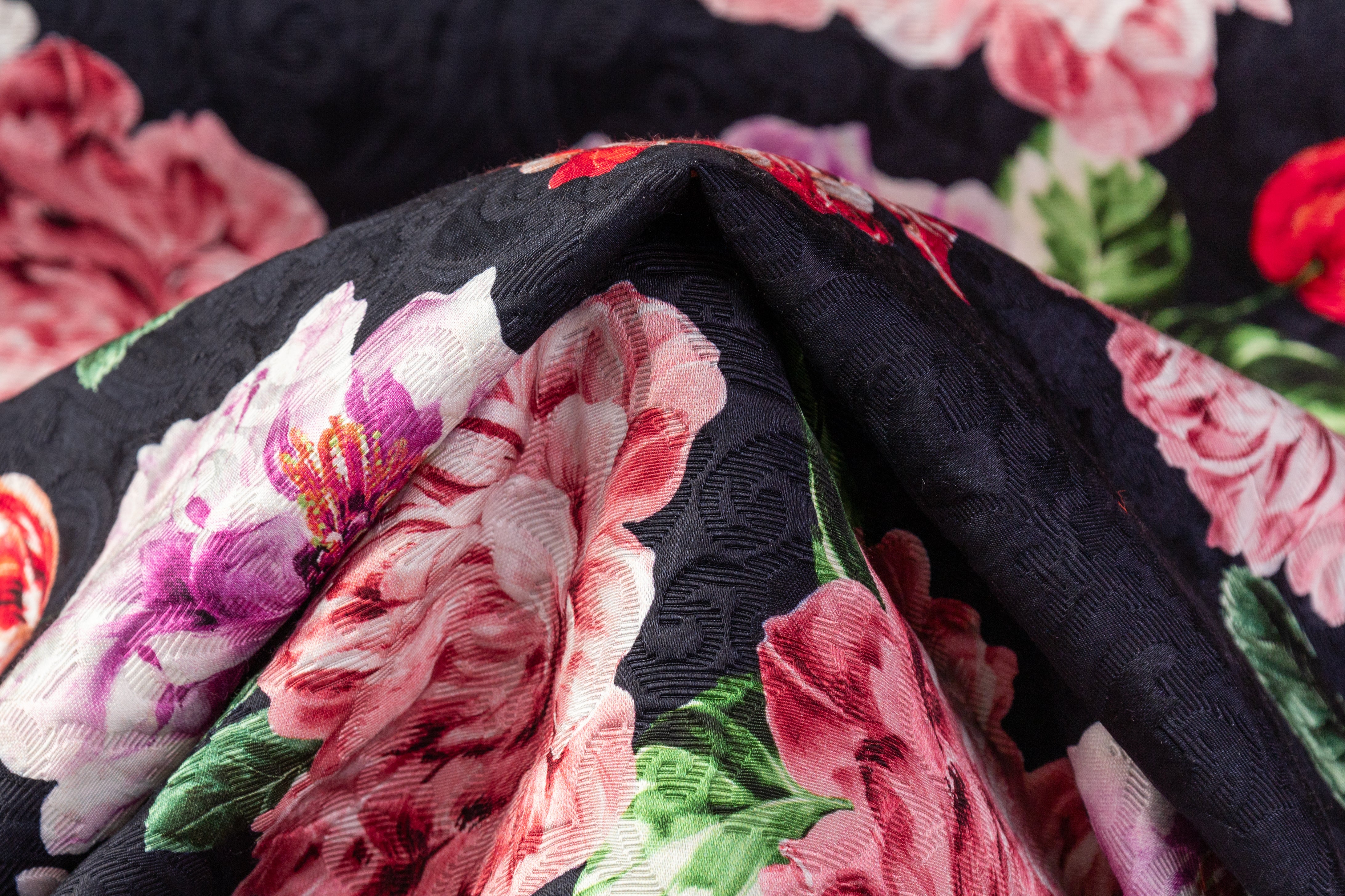 Emanuel Ungaro - Floral Italian Cotton Brocade - Midnight Navy / Red / Pink