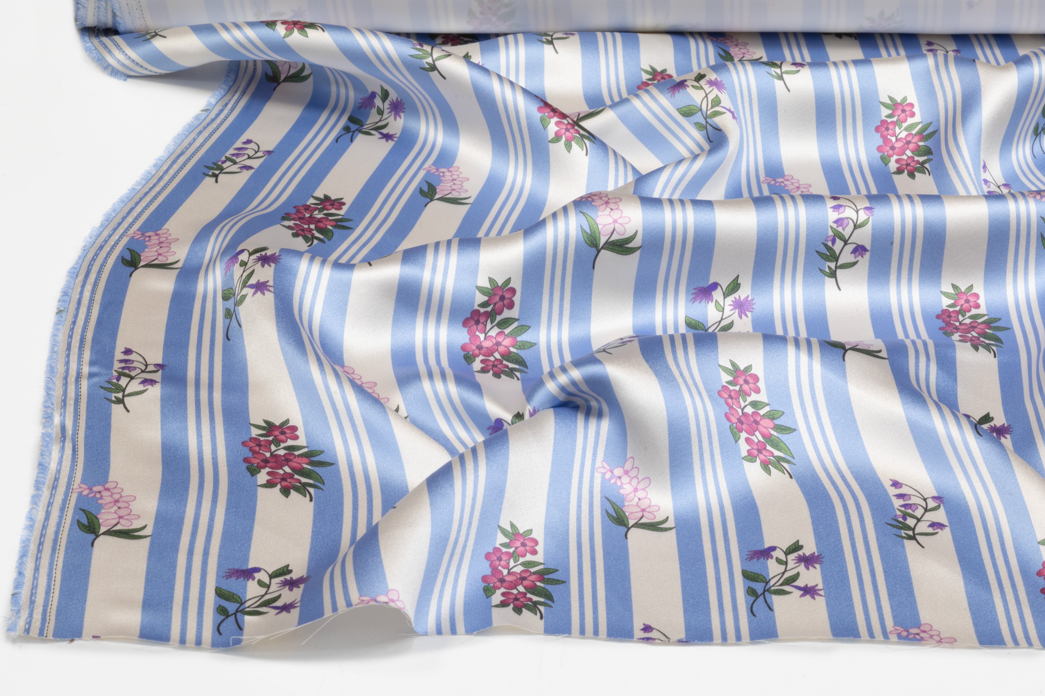 Striped Floral Italian Silk Crepe Back Satin - Blue / White