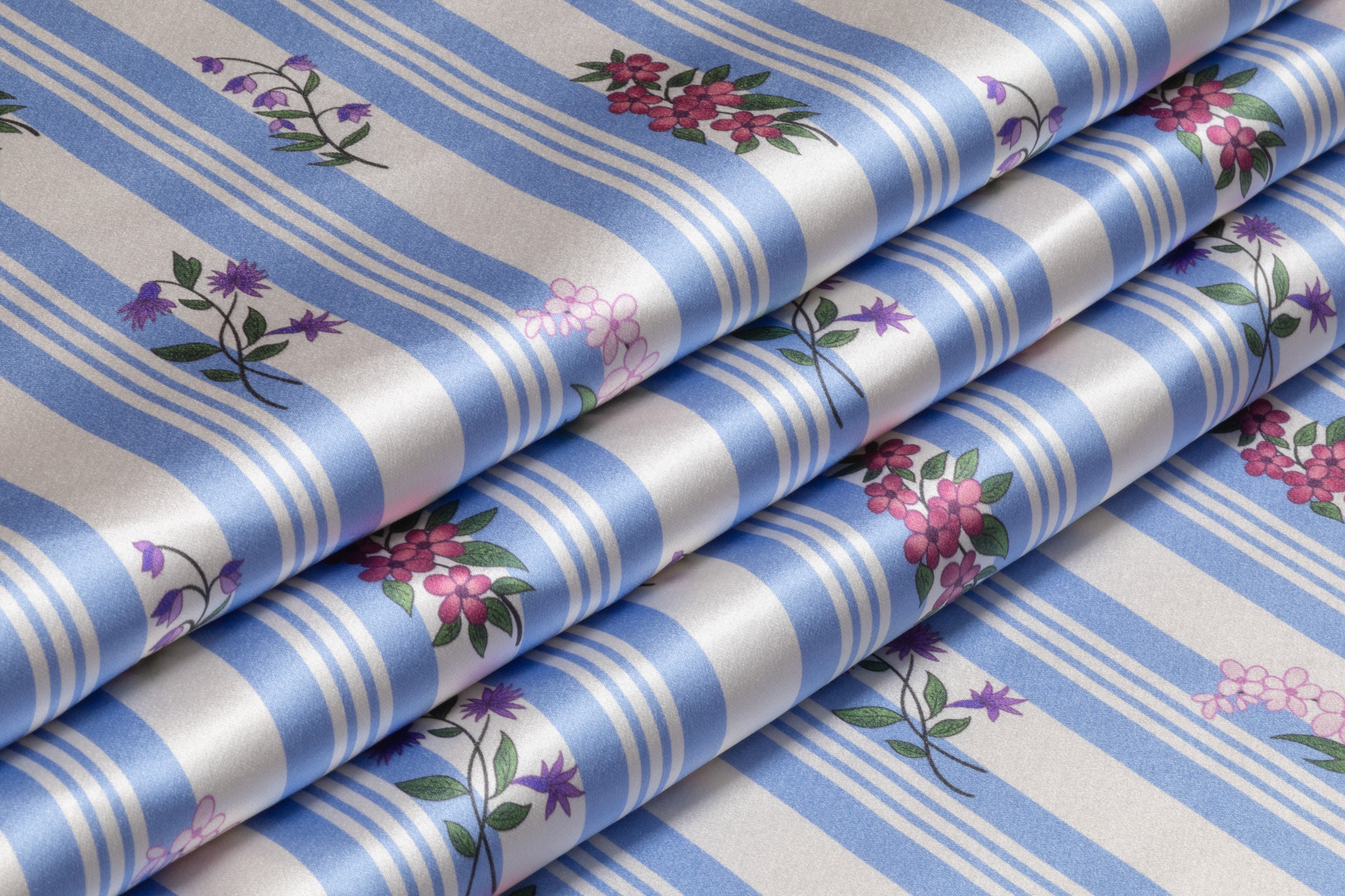 Striped Floral Italian Silk Crepe Back Satin - Blue / White