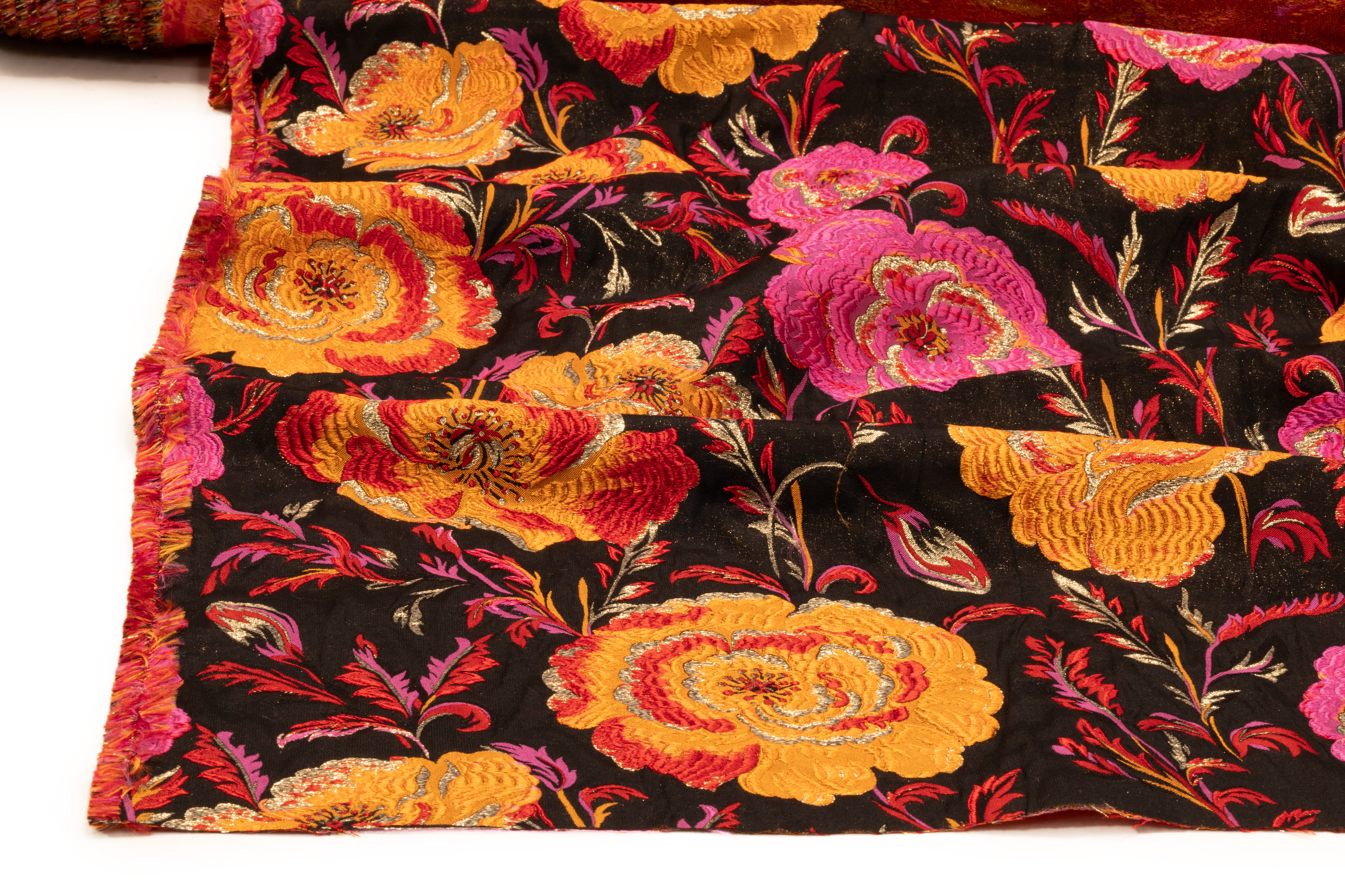 Floral Metallic Italian Silk Blend Brocade - Orange / Magenta / Red