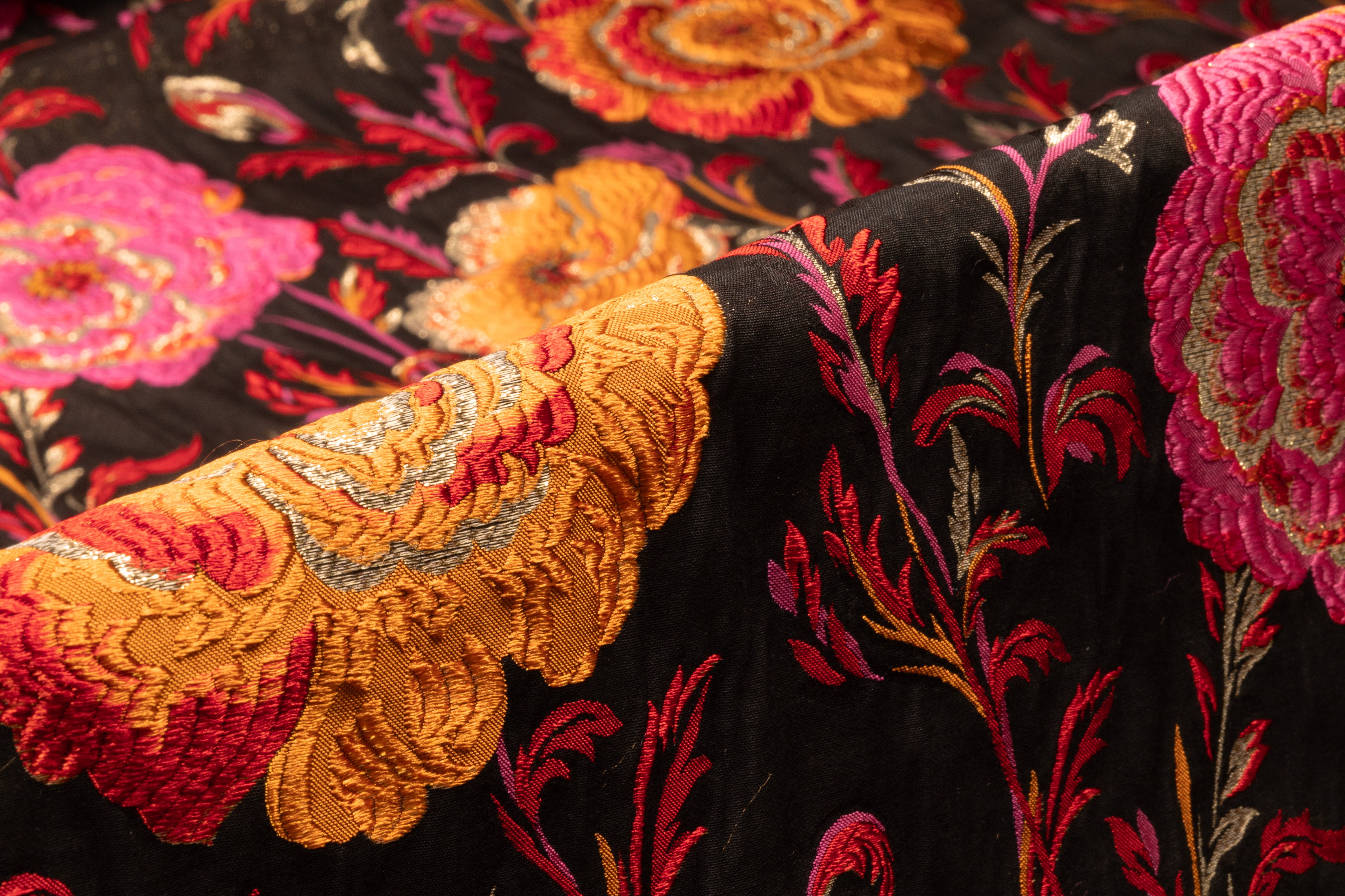 Floral Metallic Italian Silk Blend Brocade - Orange / Magenta / Red