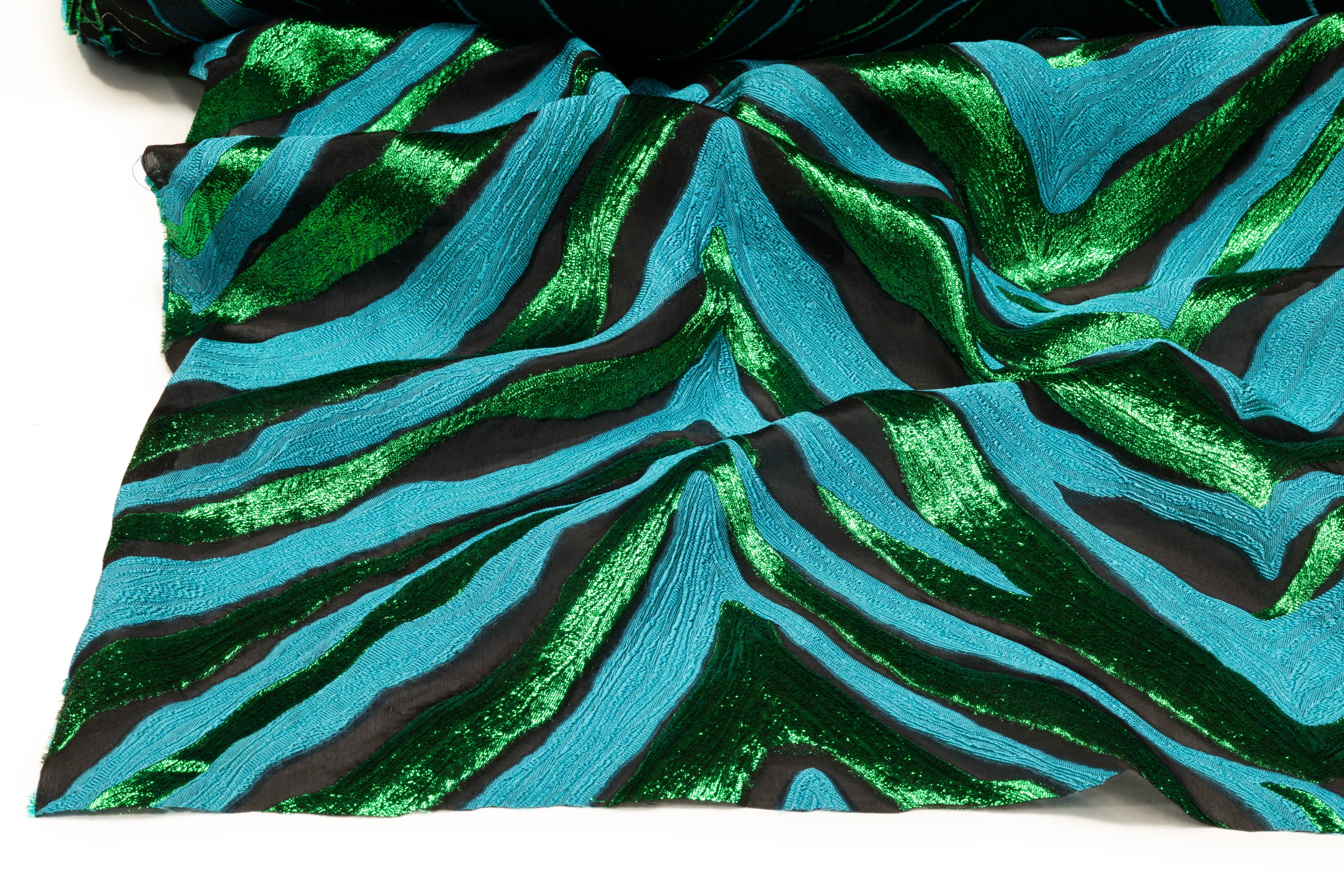 Chevron Metallic Italian Silk Blend Fil Coupé - Black / Green / Blue
