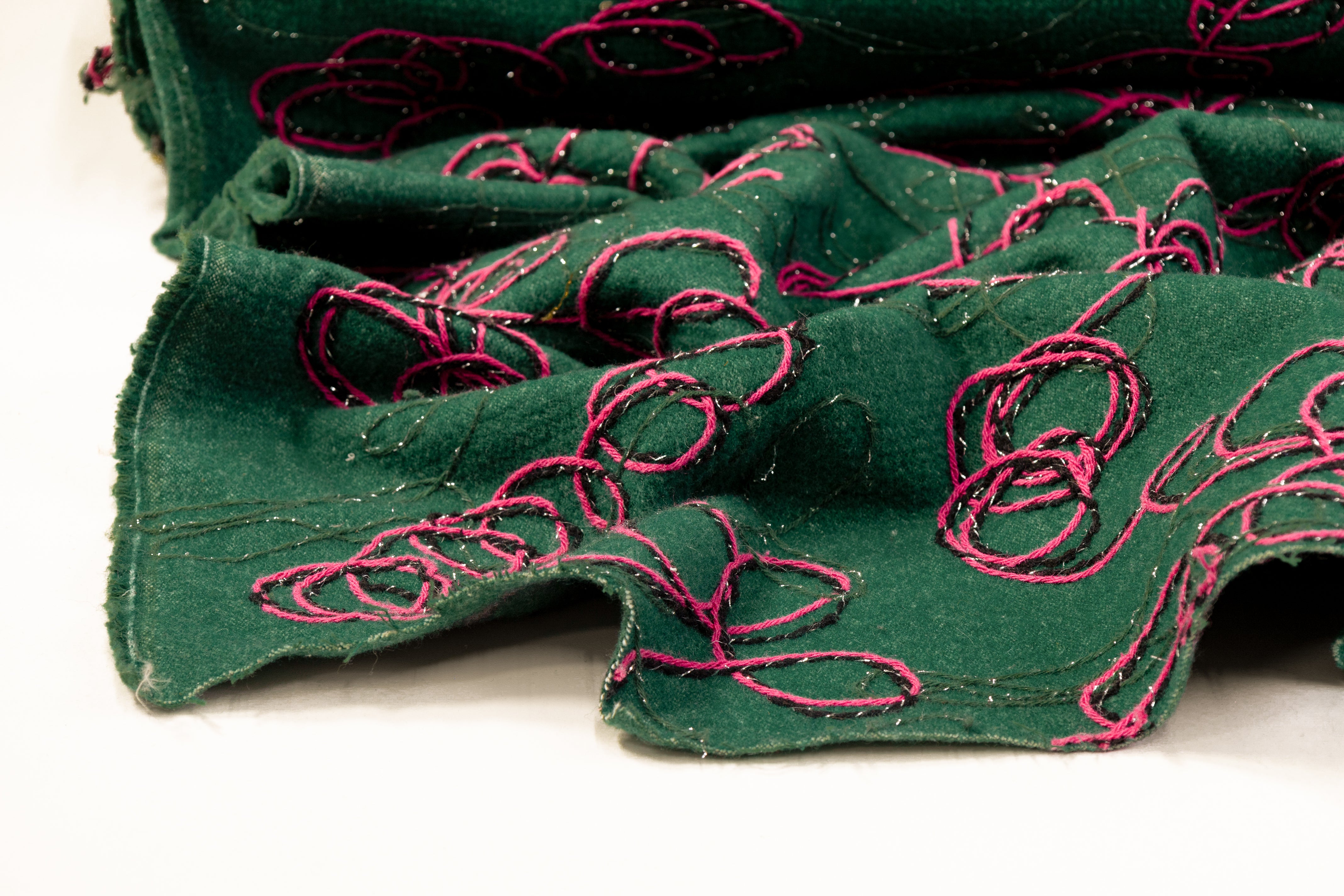 Embroidered Wool Blend Coating - Green / Fuchsia / Black / Silver
