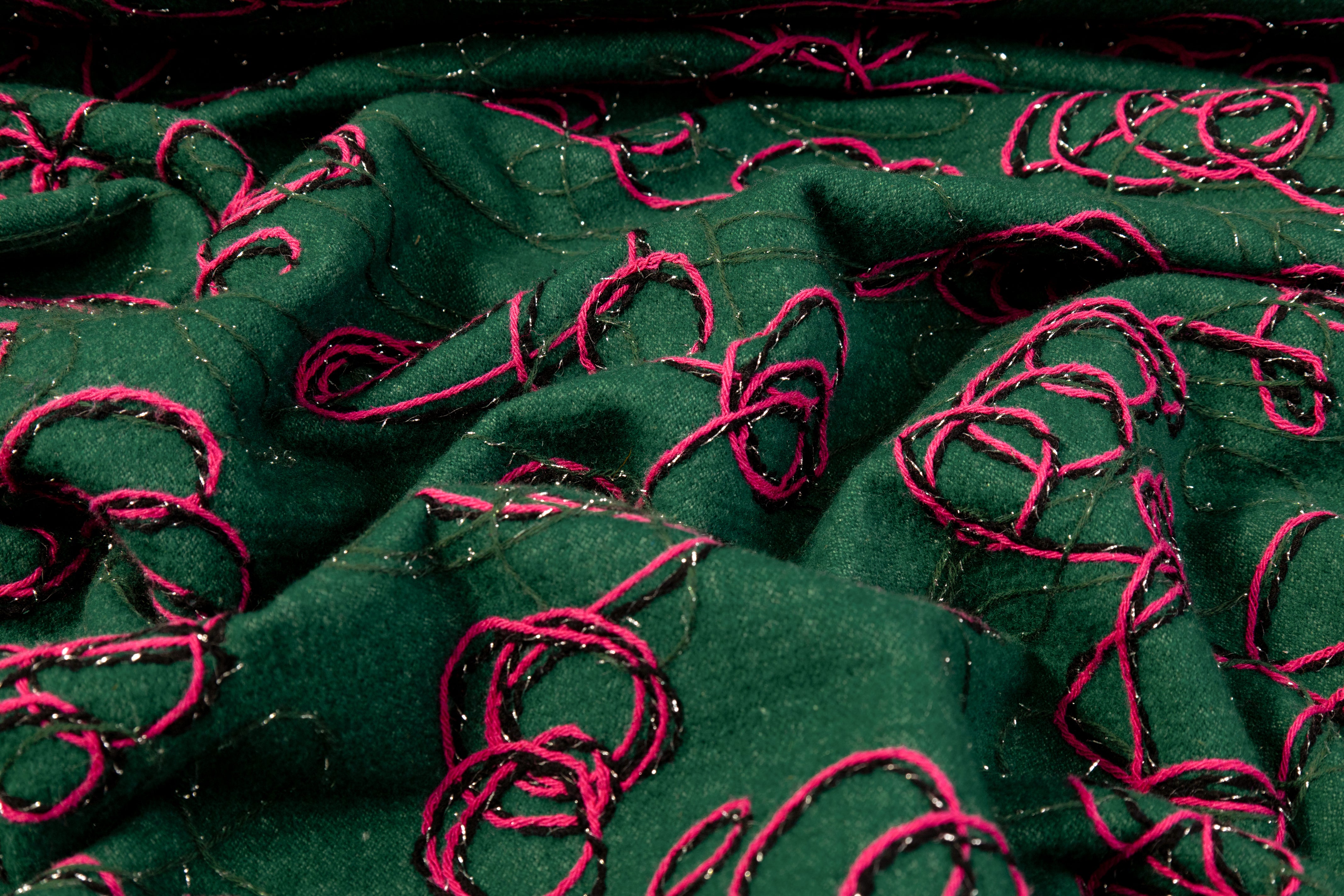 Embroidered Wool Blend Coating - Green / Fuchsia / Black / Silver