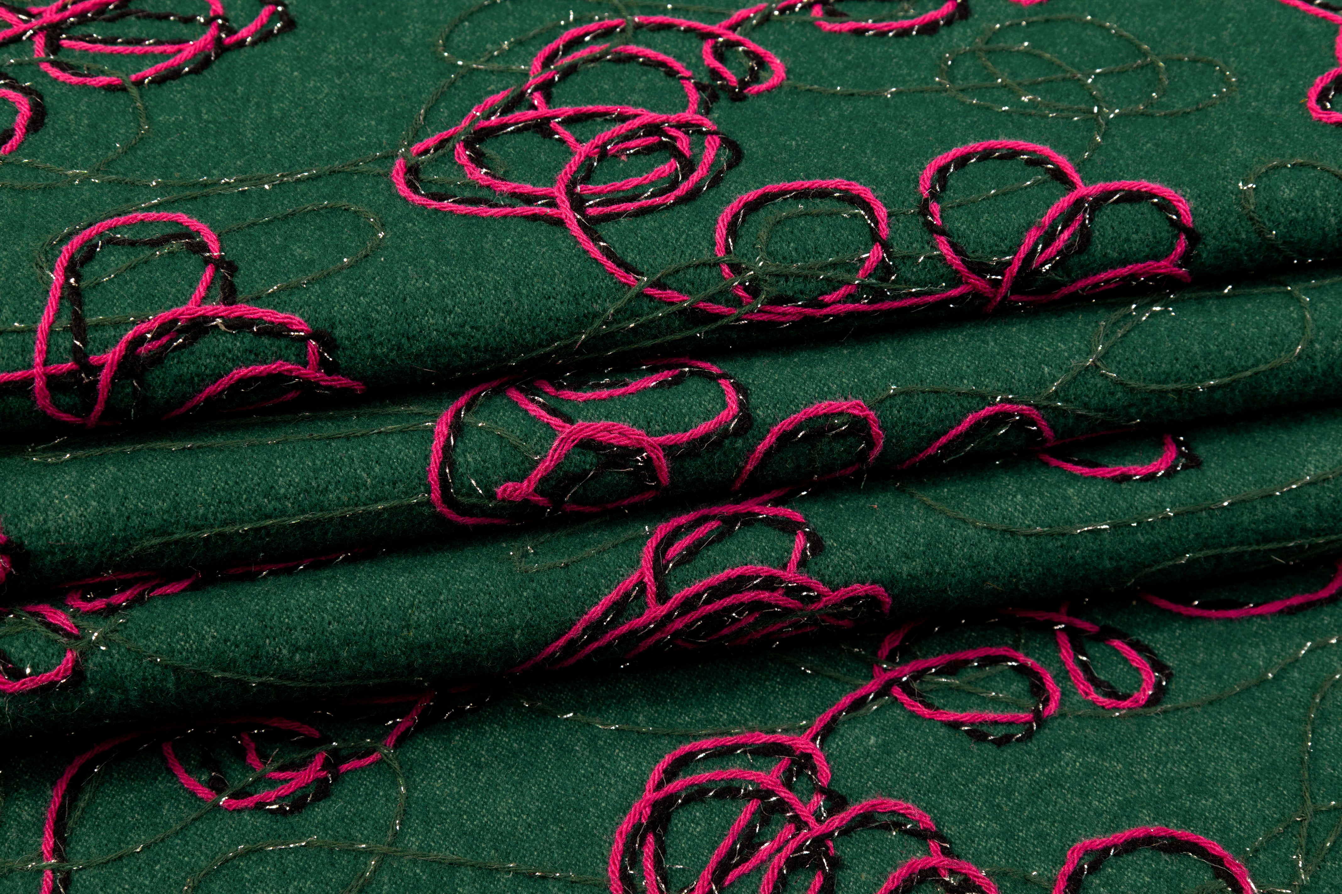 Embroidered Wool Blend Coating - Green / Fuchsia / Black / Silver