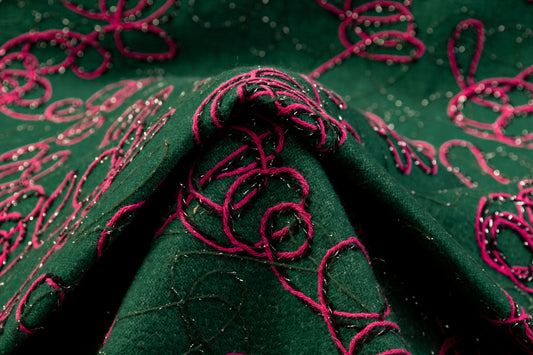 Embroidered Wool Blend Coating - Green / Fuchsia / Black / Silver