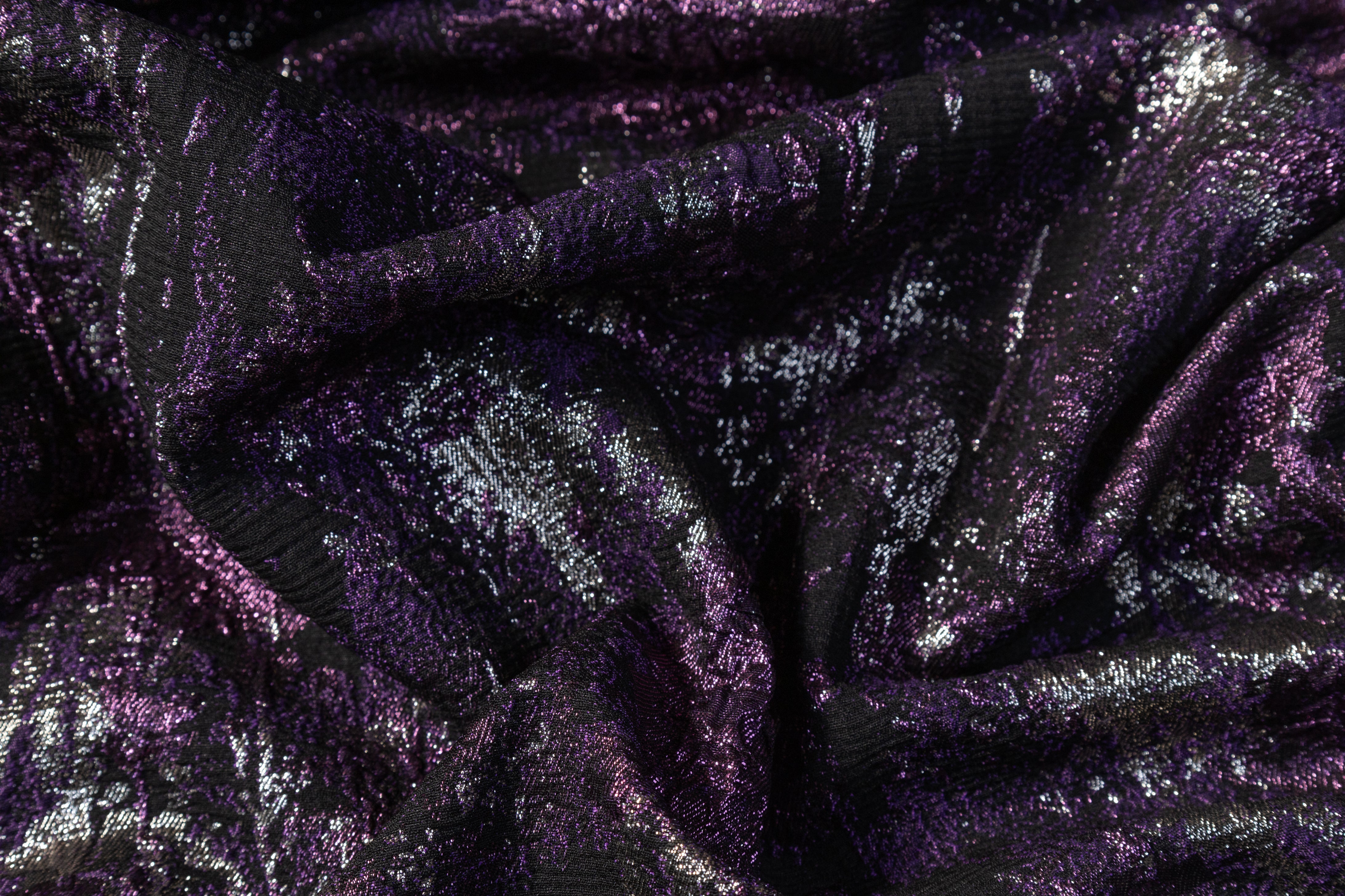 Abstract Metallic Cloqué Brocade - Purple / Black / Silver