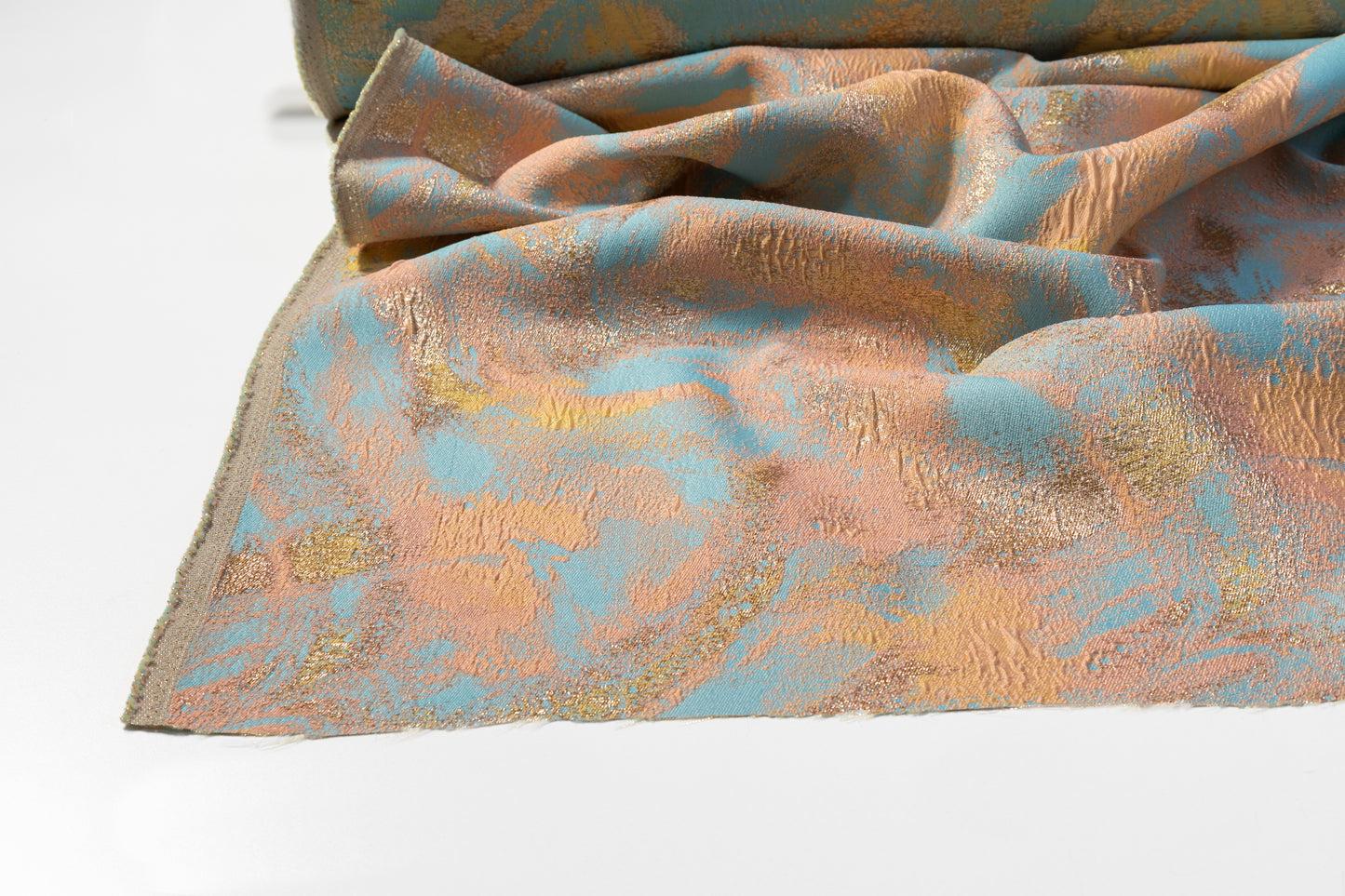 Abstract Metallic Cloqué Brocade - Peach / Blue / Gold