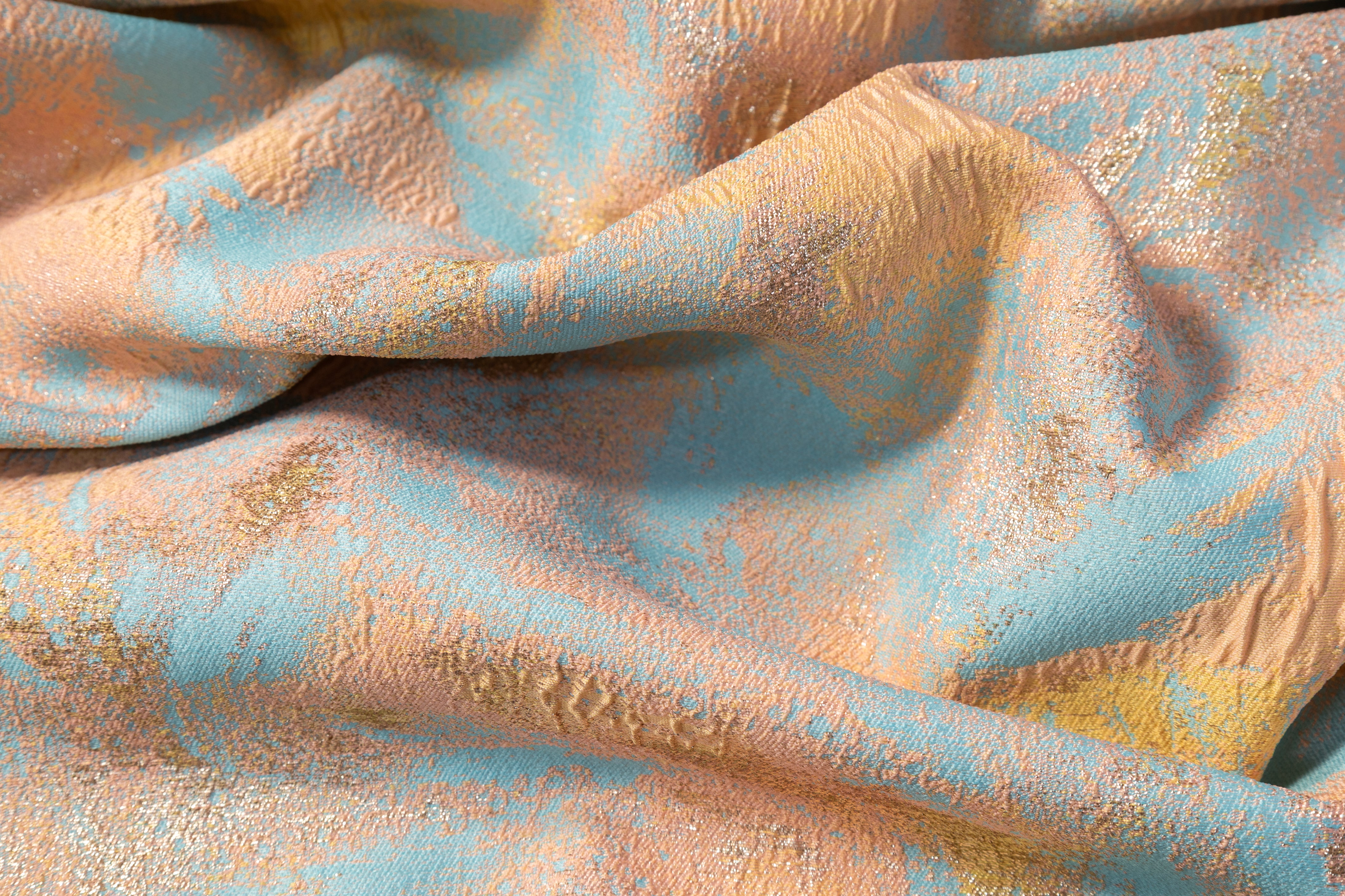 Abstract Metallic Cloqué Brocade - Peach / Blue / Gold