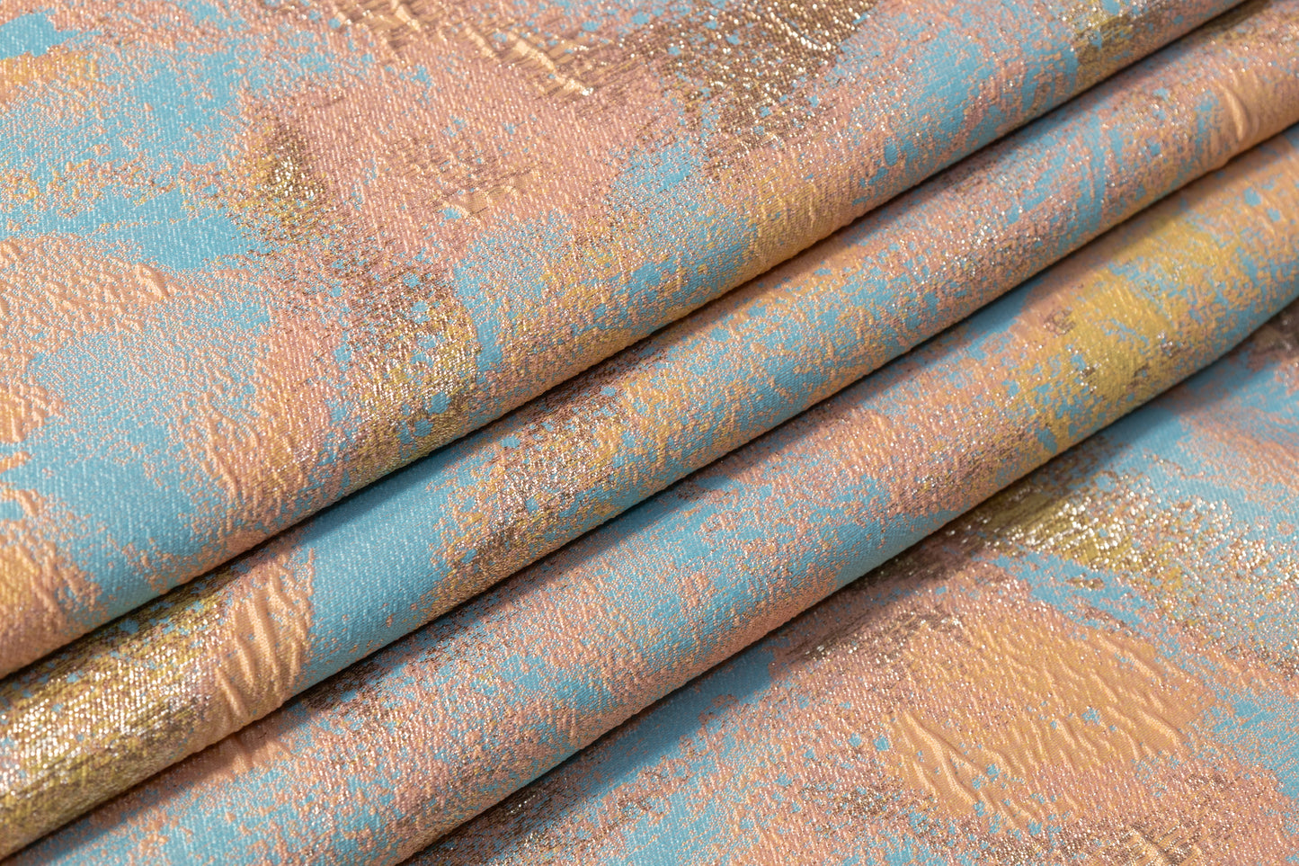 Abstract Metallic Cloqué Brocade - Peach / Blue / Gold
