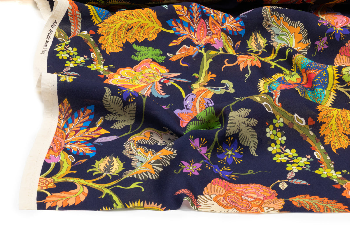Floral Italian Printed Wool Crepe -Navy / Multicolor