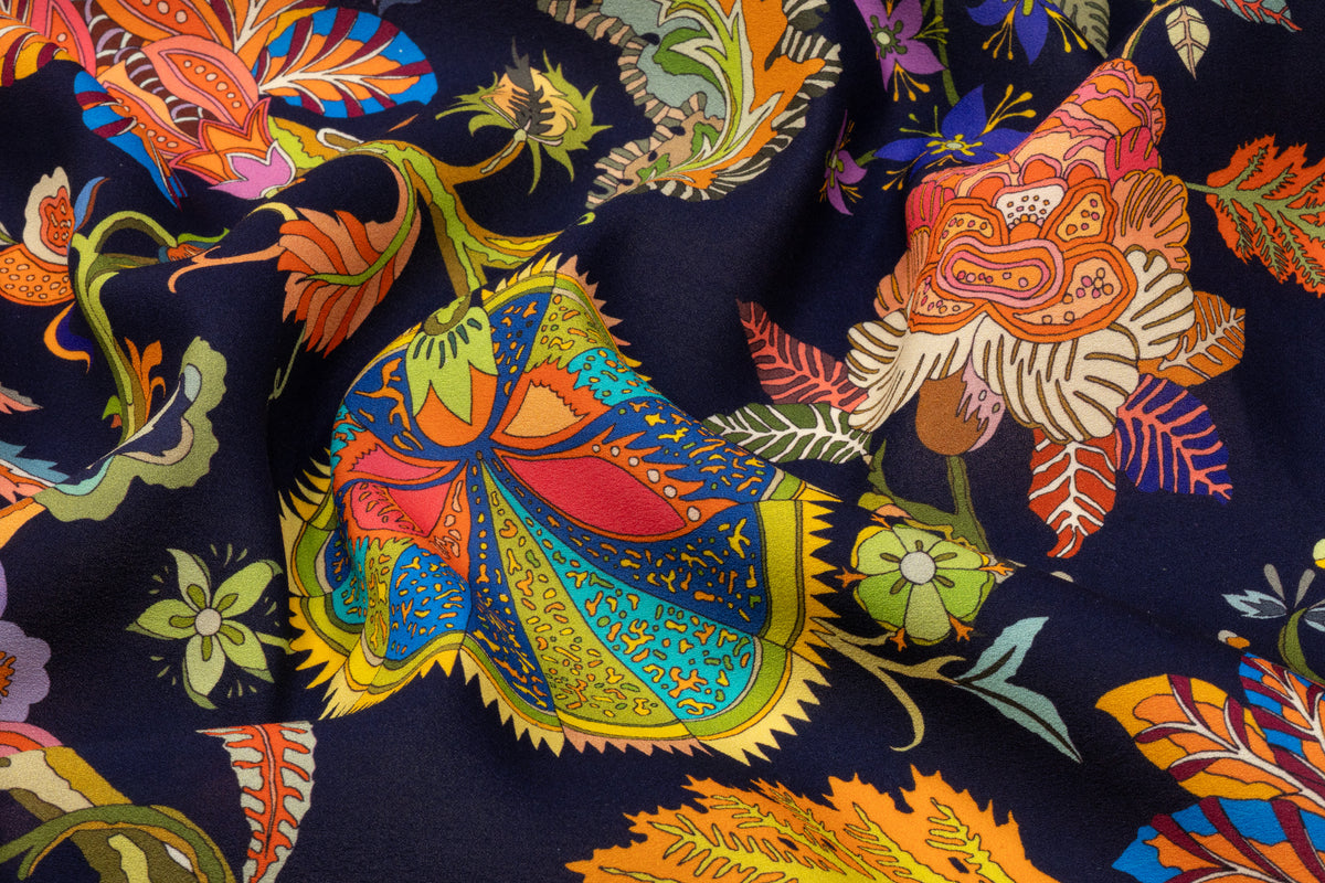 Floral Italian Printed Wool Crepe -Navy / Multicolor