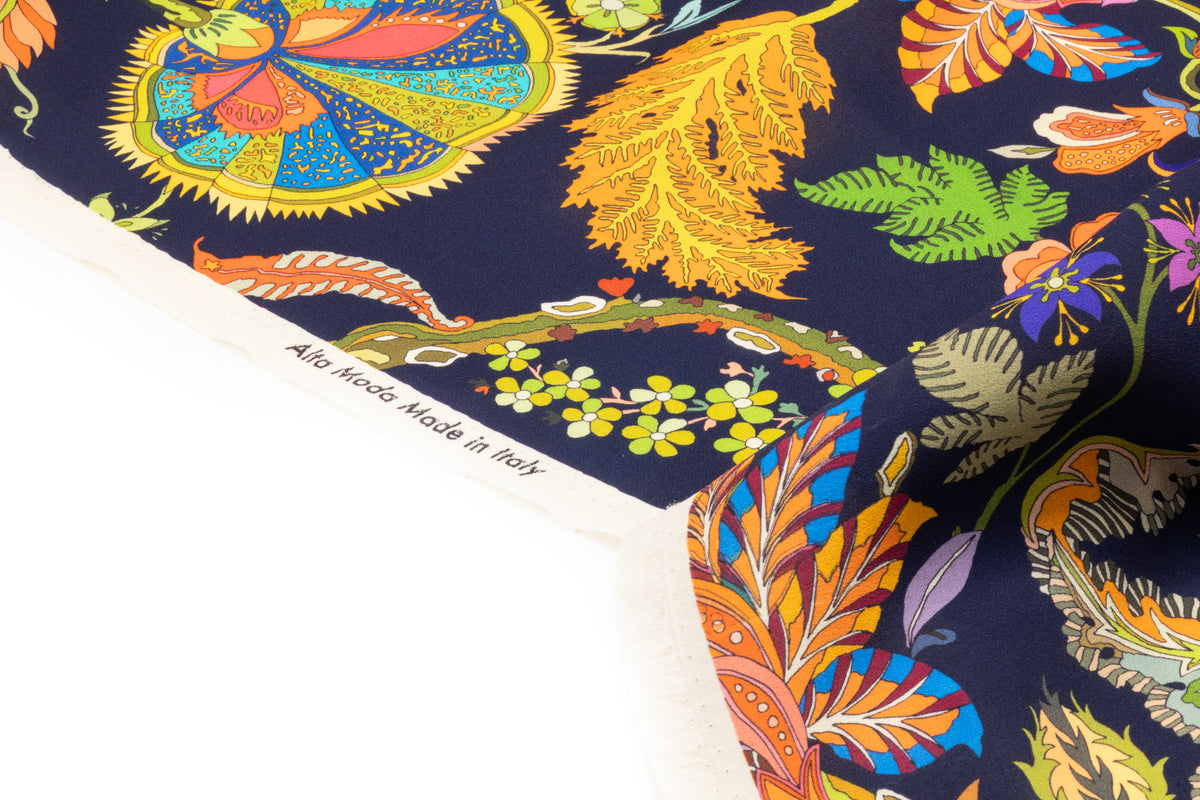 Floral Italian Printed Wool Crepe -Navy / Multicolor