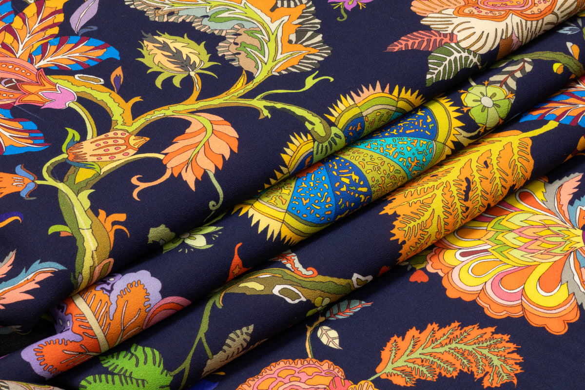Floral Italian Printed Wool Crepe -Navy / Multicolor