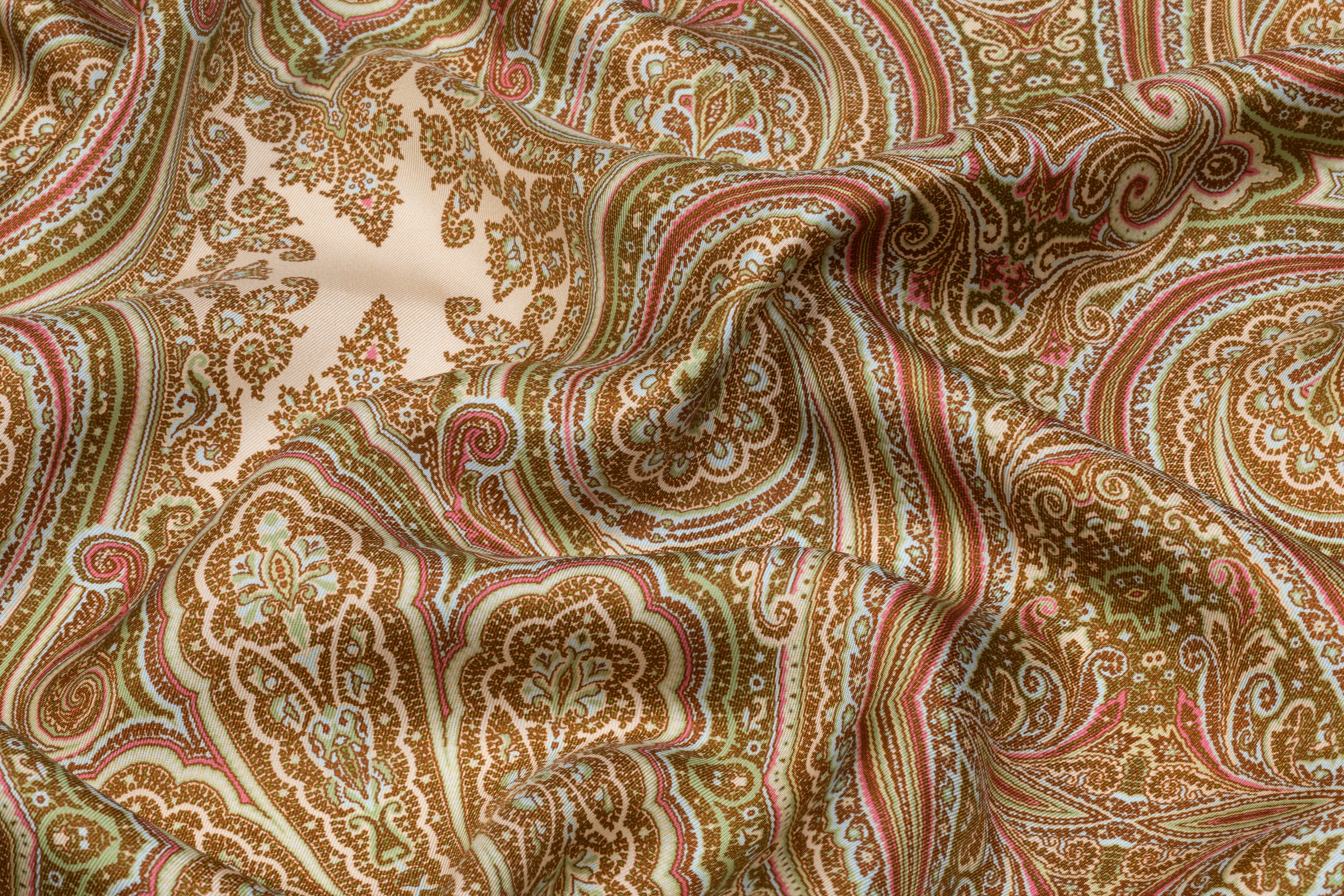 Paisley Italian Silk Twill - Pistachio / Rose