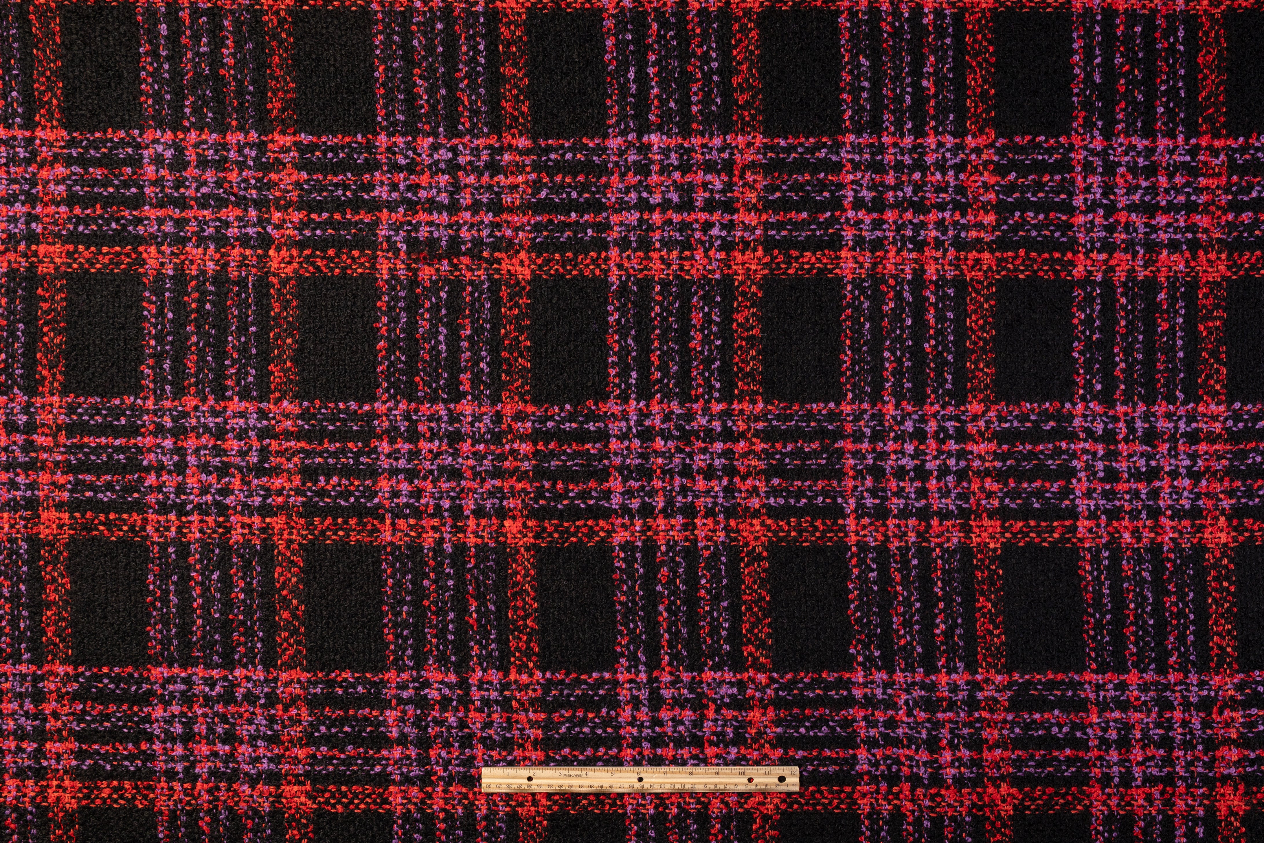 Checked Italian Wool Boucle Coating - Black / Red / Purple