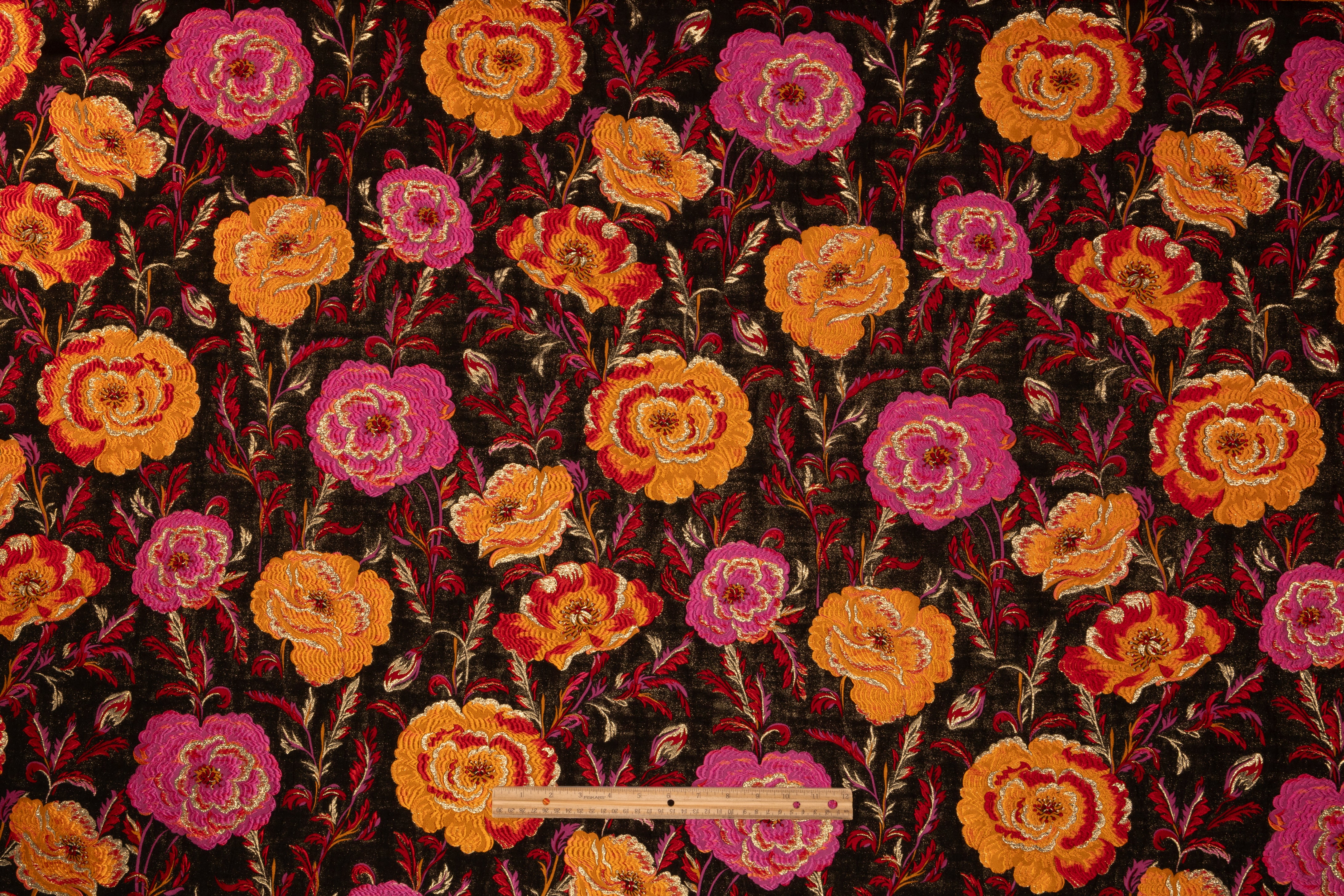 Floral Metallic Italian Silk Blend Brocade - Orange / Magenta / Red