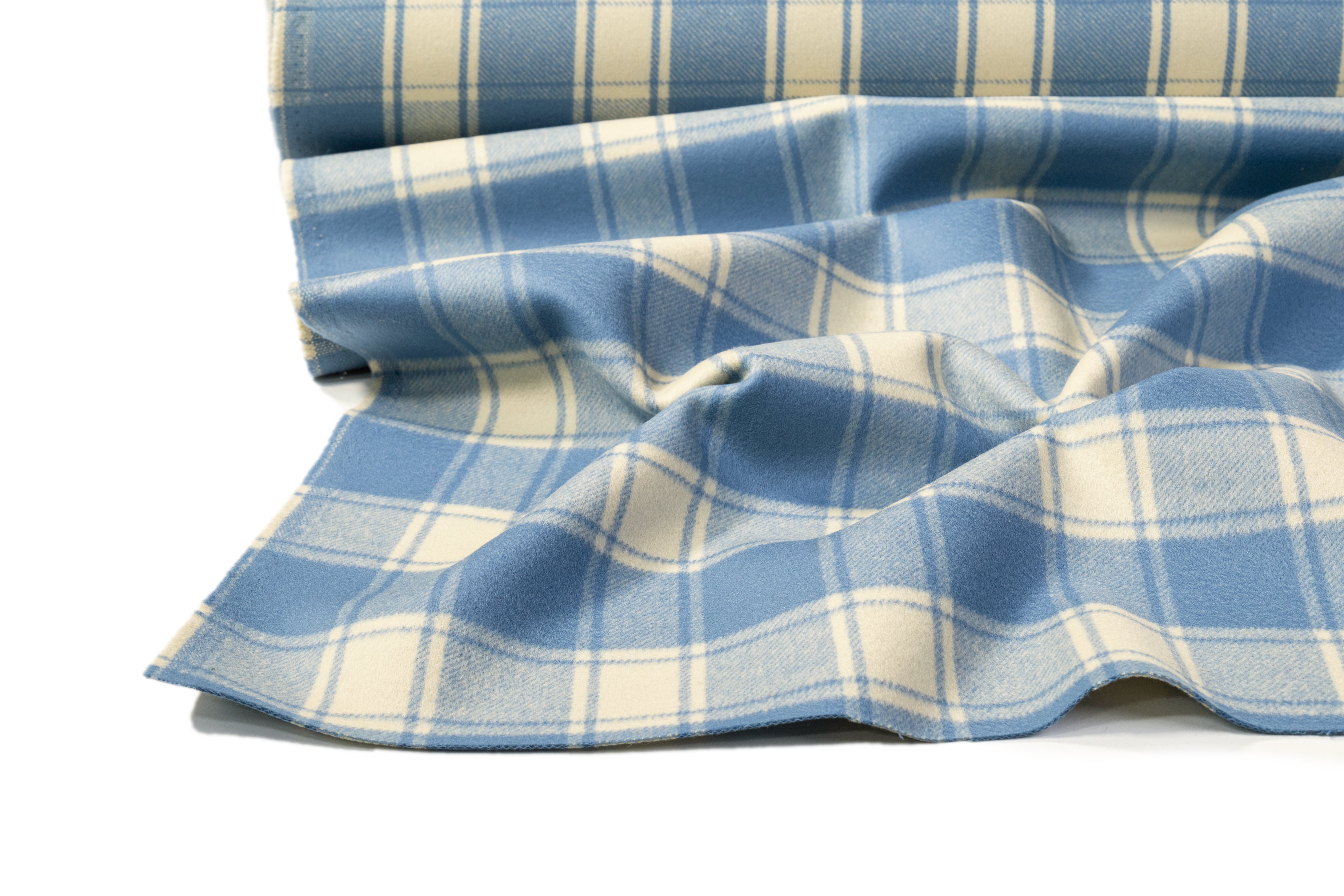 Plaid Italian Brushed Wool Coating - Blue Cream
