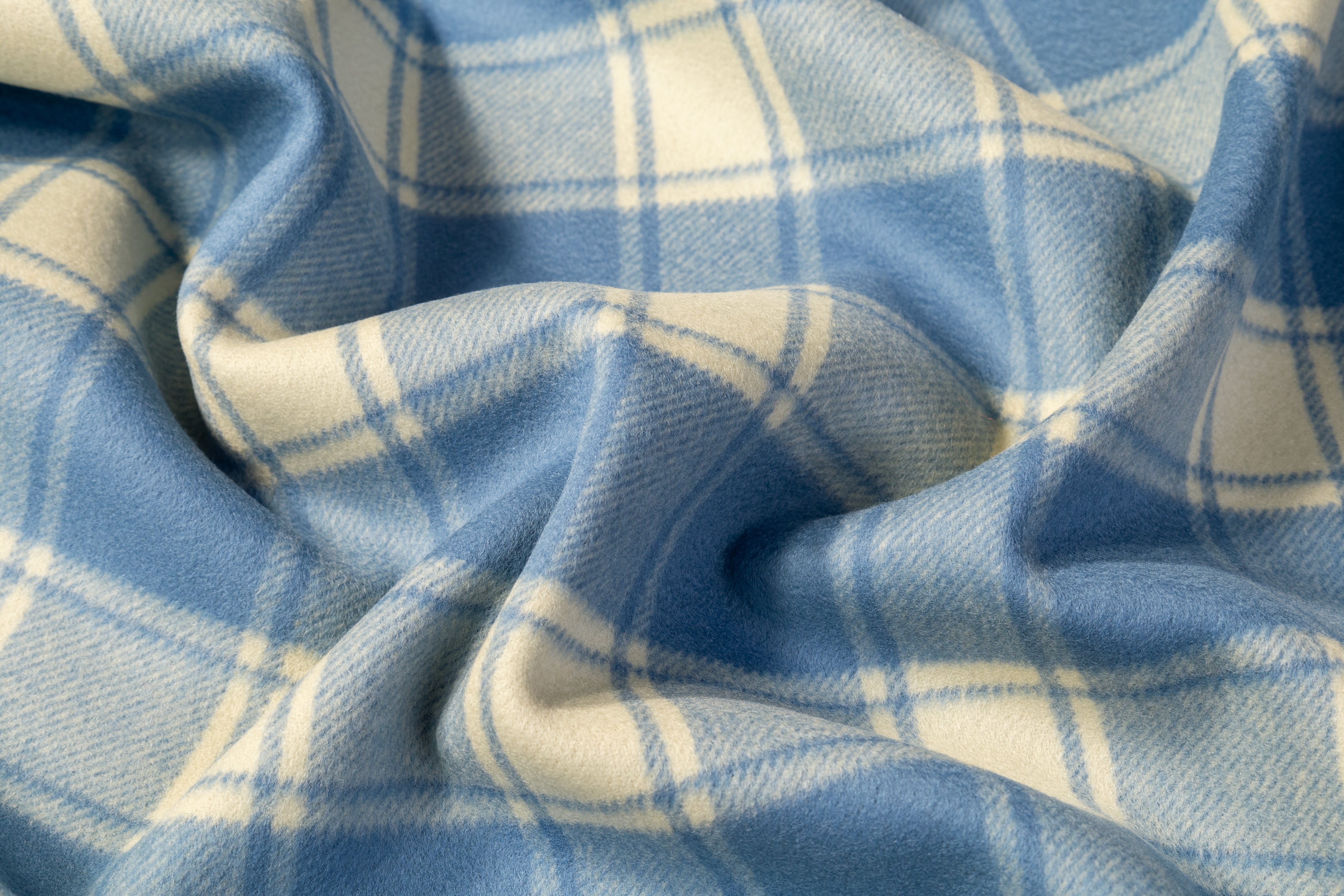 Plaid Italian Brushed Wool Coating - Blue Cream
