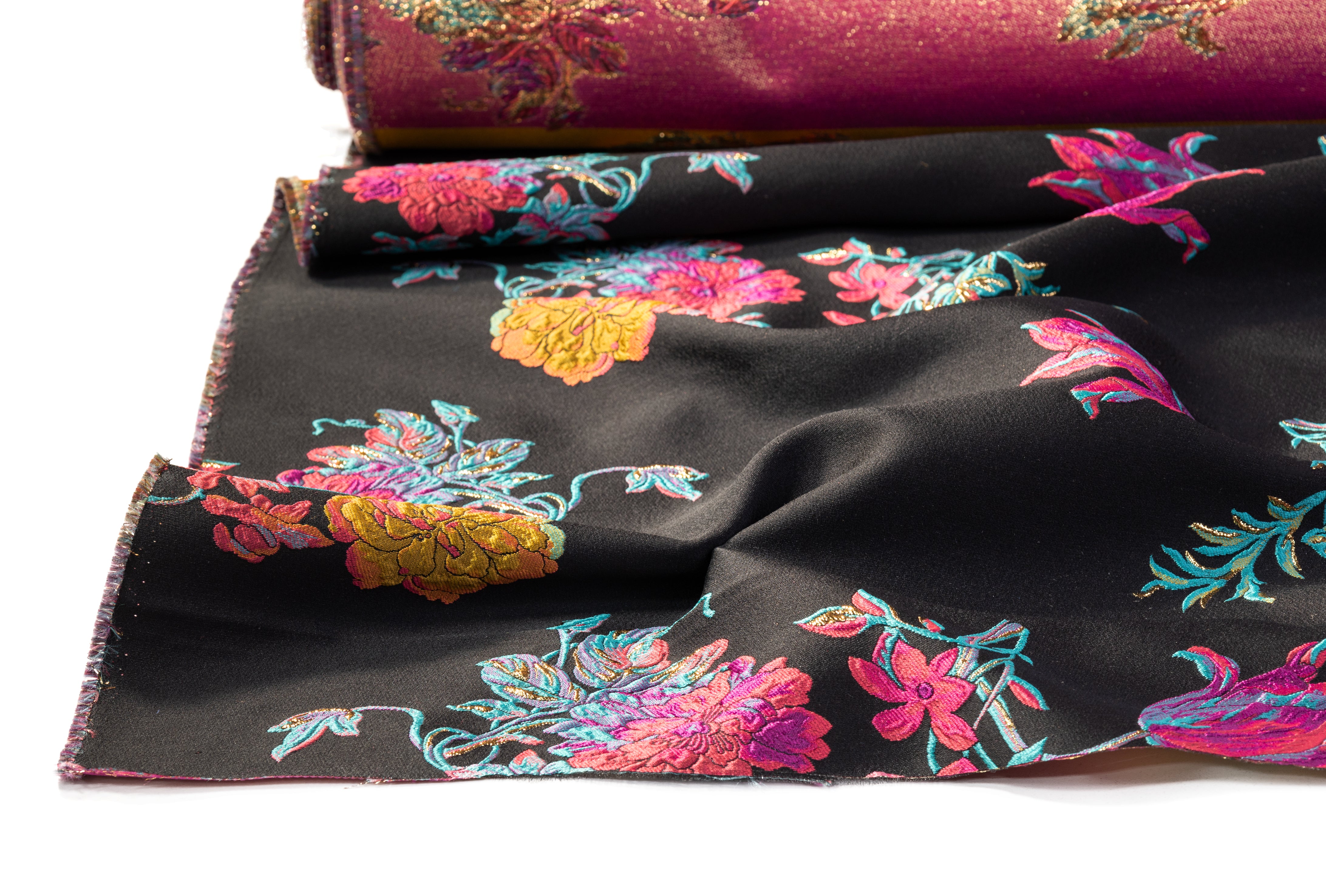 Floral Metallic Italian Silk Blend Brocade - Black / Multicolor