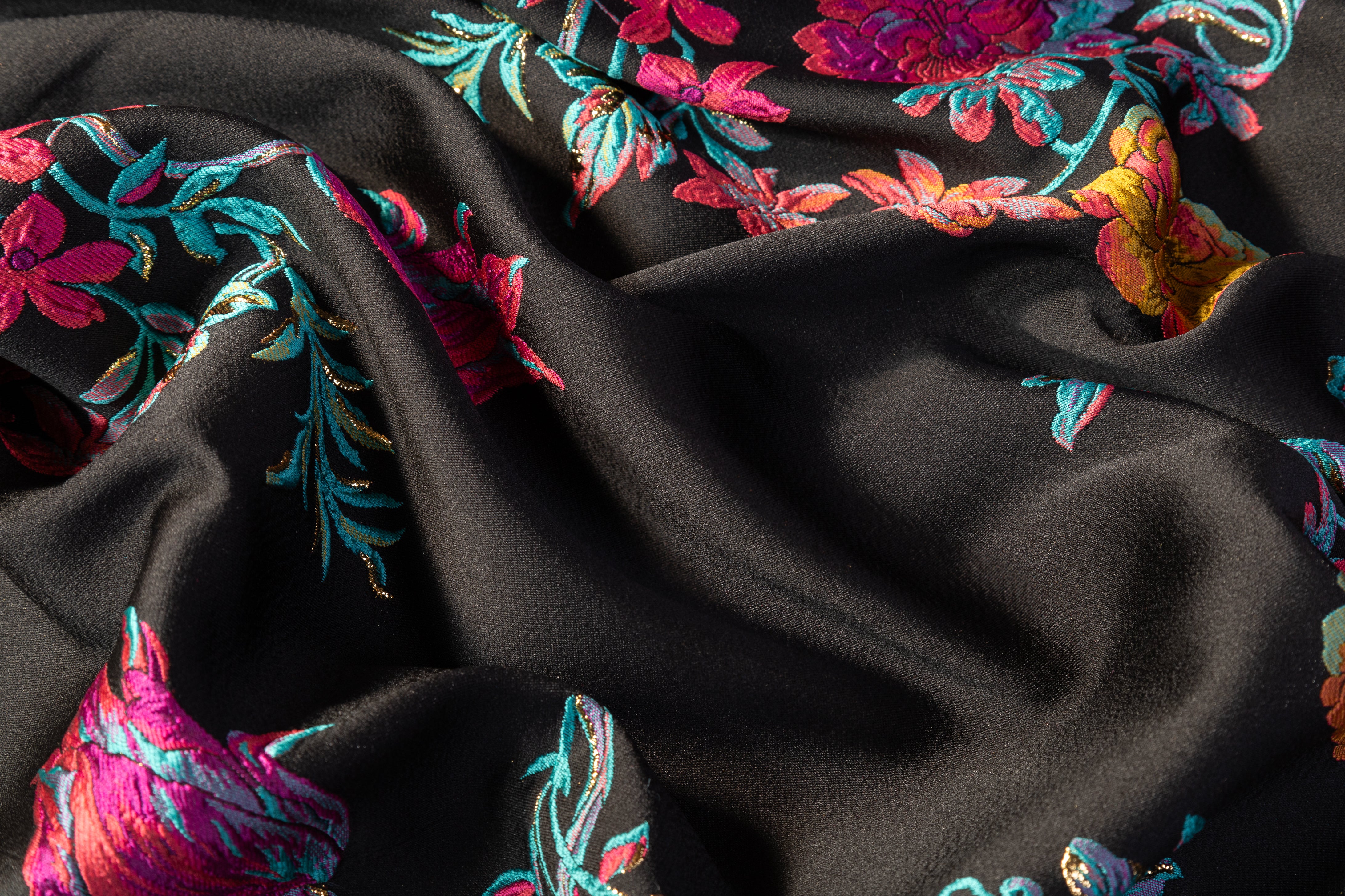 Floral Metallic Italian Silk Blend Brocade - Black / Multicolor