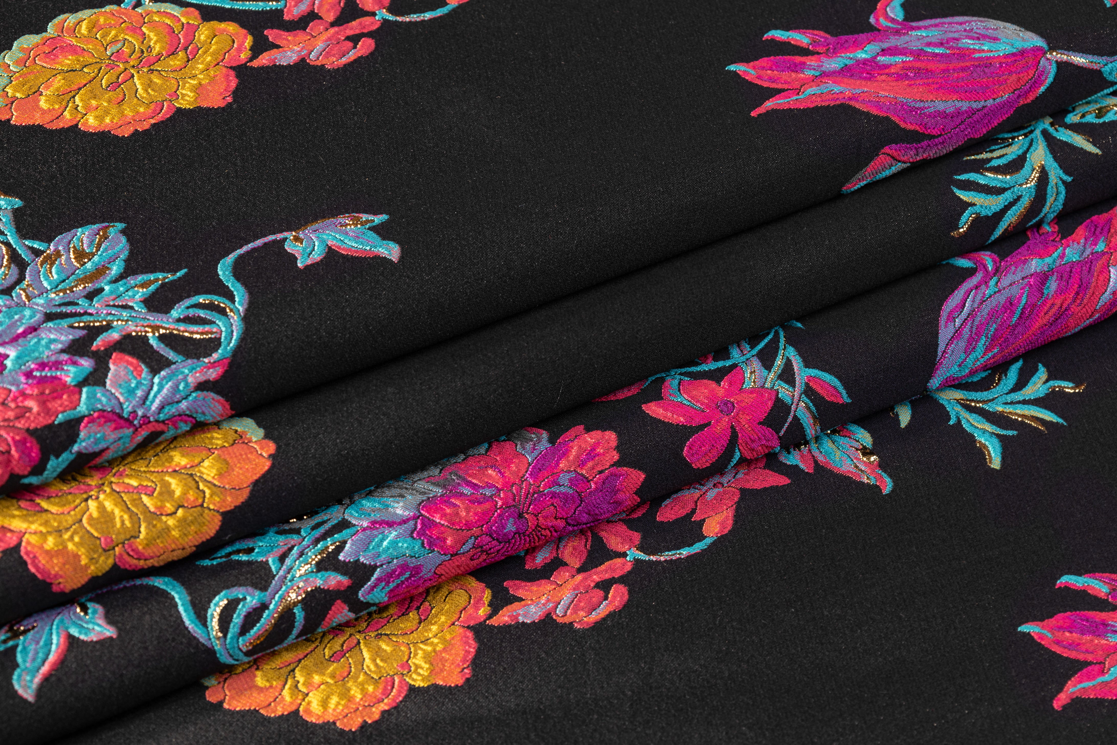 Floral Metallic Italian Silk Blend Brocade - Black / Multicolor