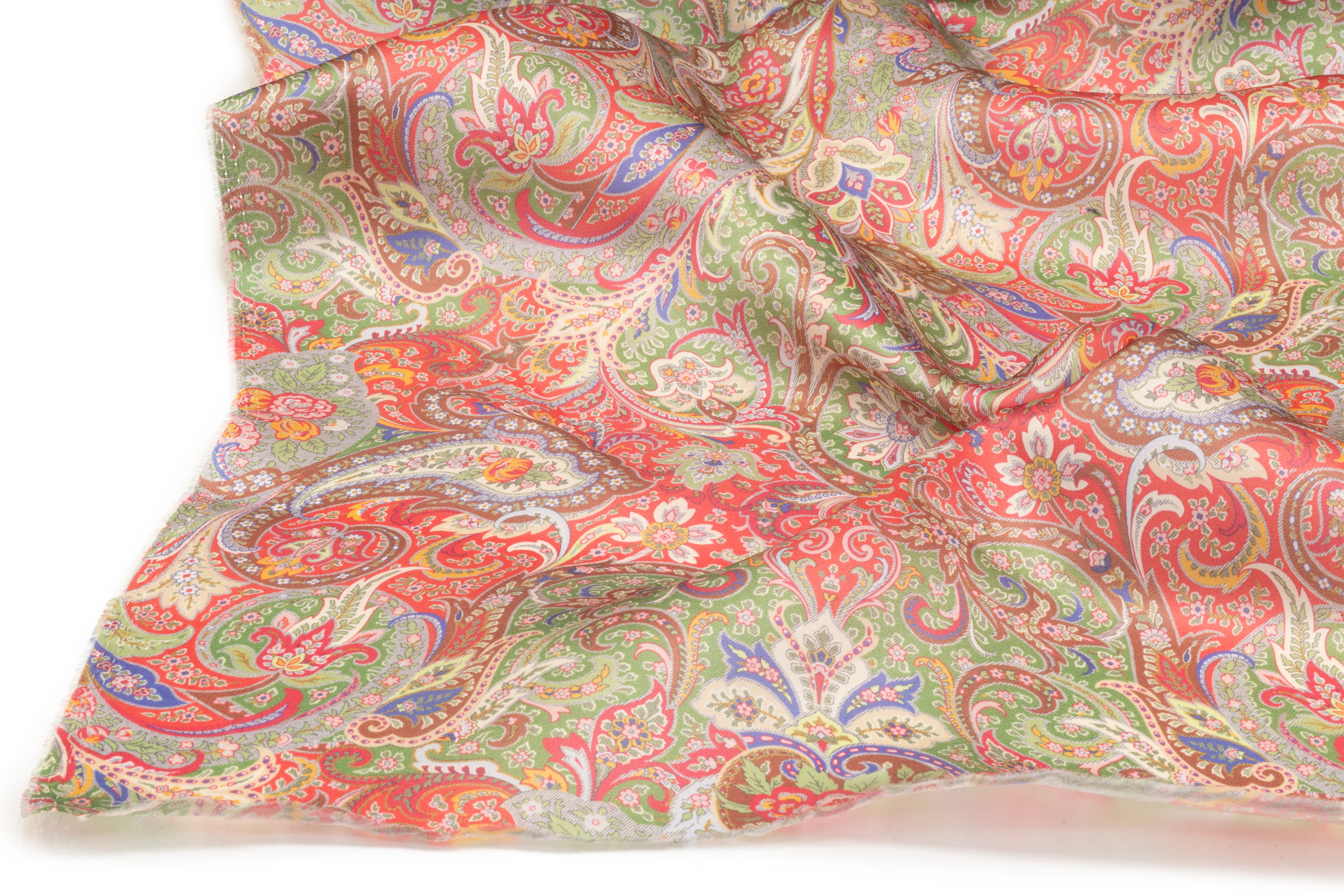 Paisley Italian Satin Organza - Raspberry / Green
