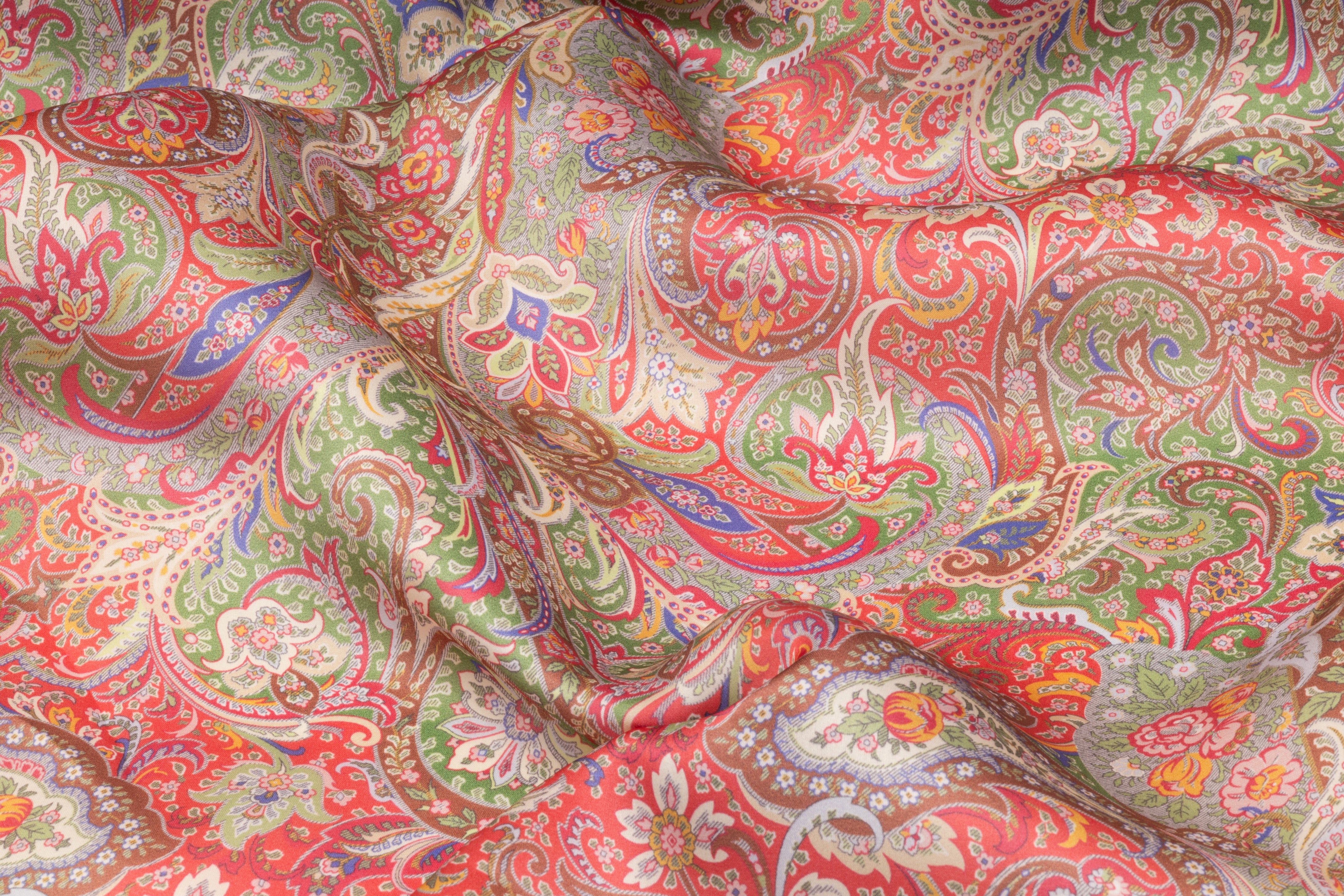 Paisley Italian Satin Organza - Raspberry / Green