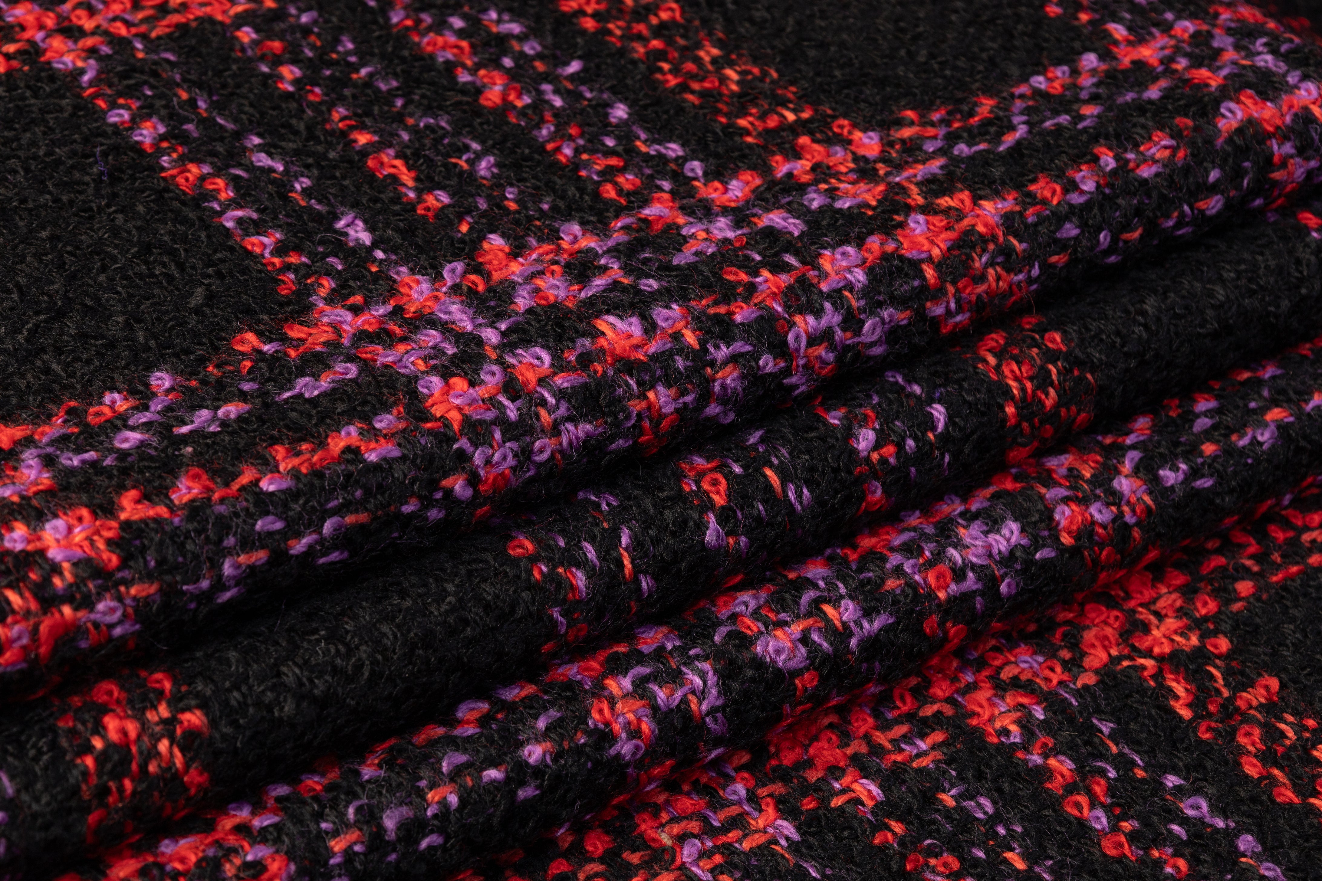 Checked Italian Wool Boucle Coating - Black / Red / Purple