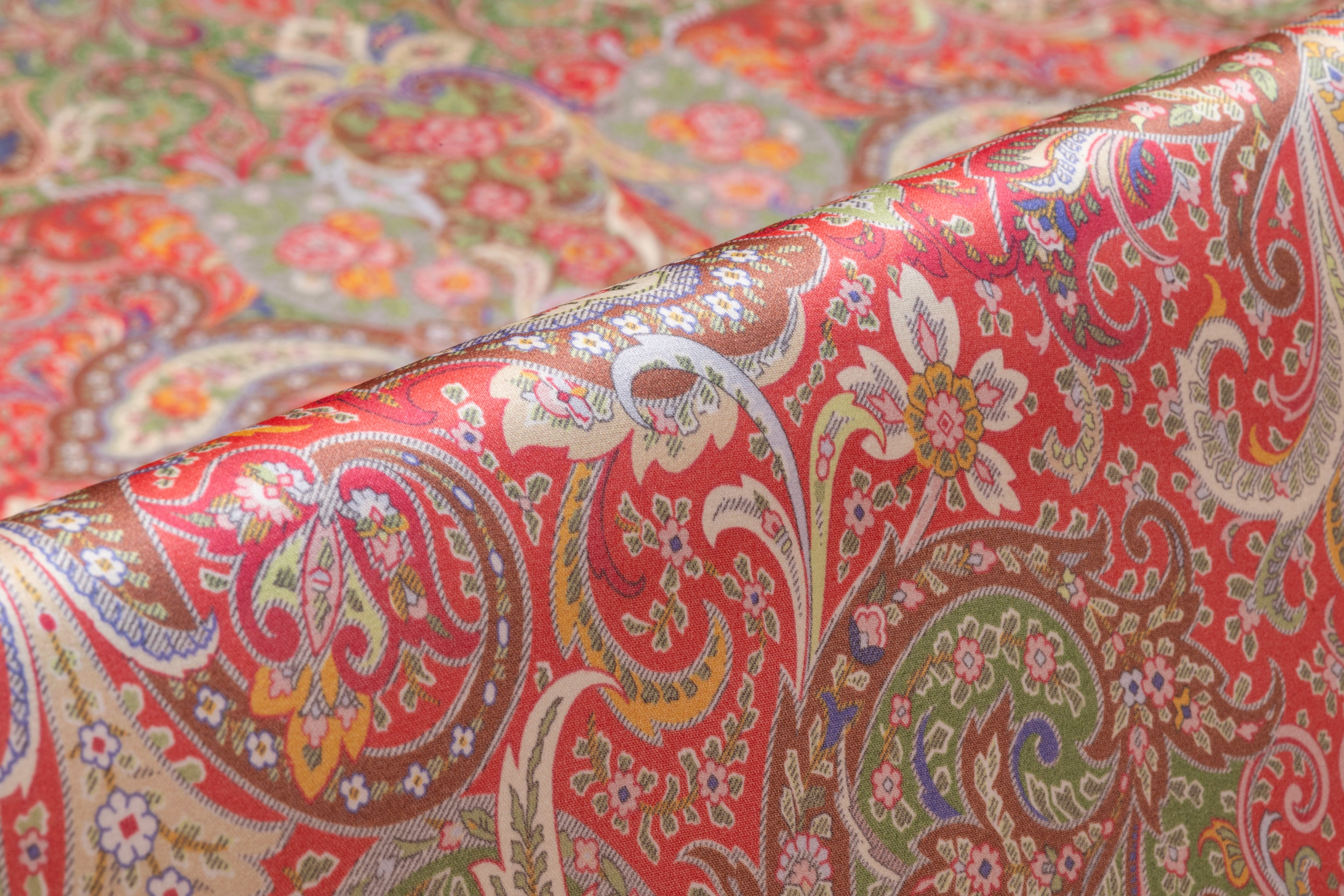 Paisley Italian Satin Organza - Raspberry / Green