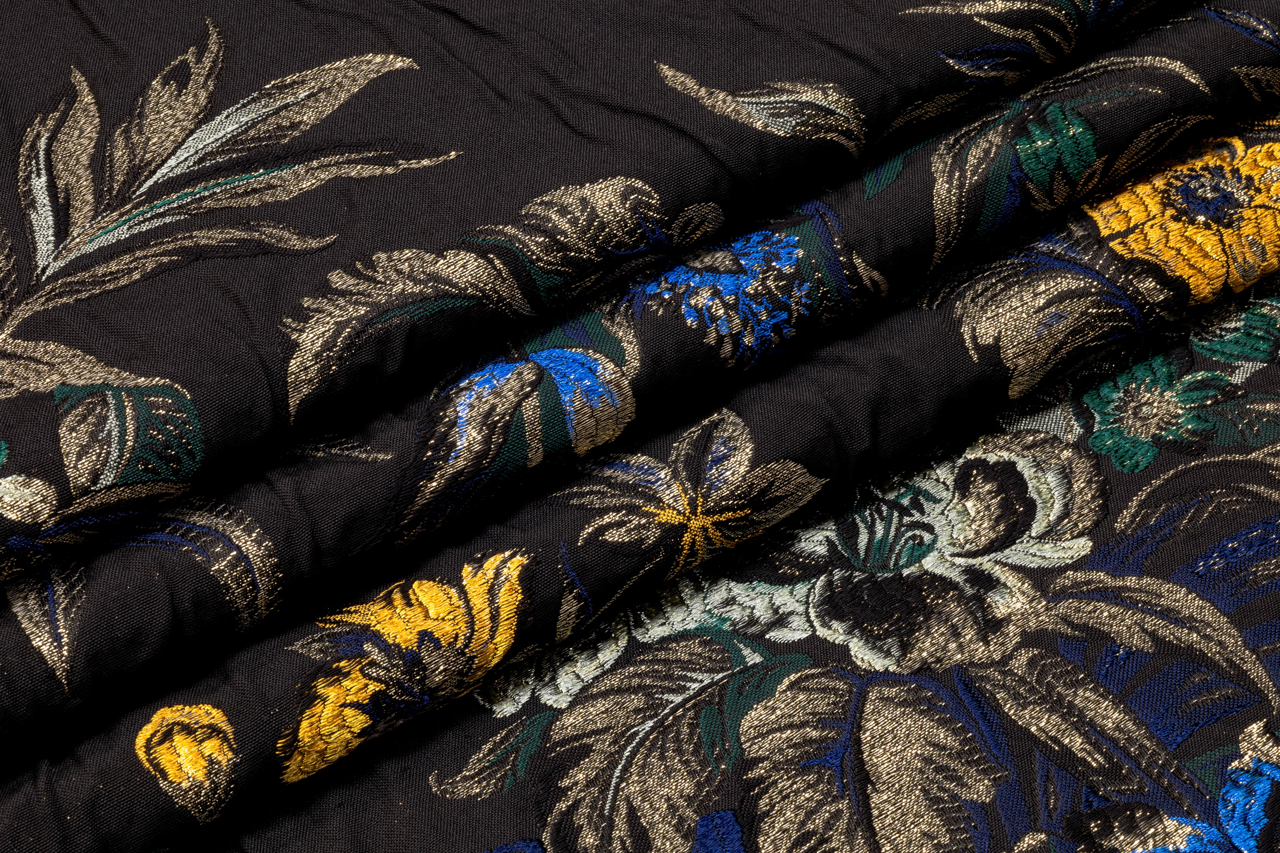 Floral Metallic Italian Brocade - Black / Blue / Gold