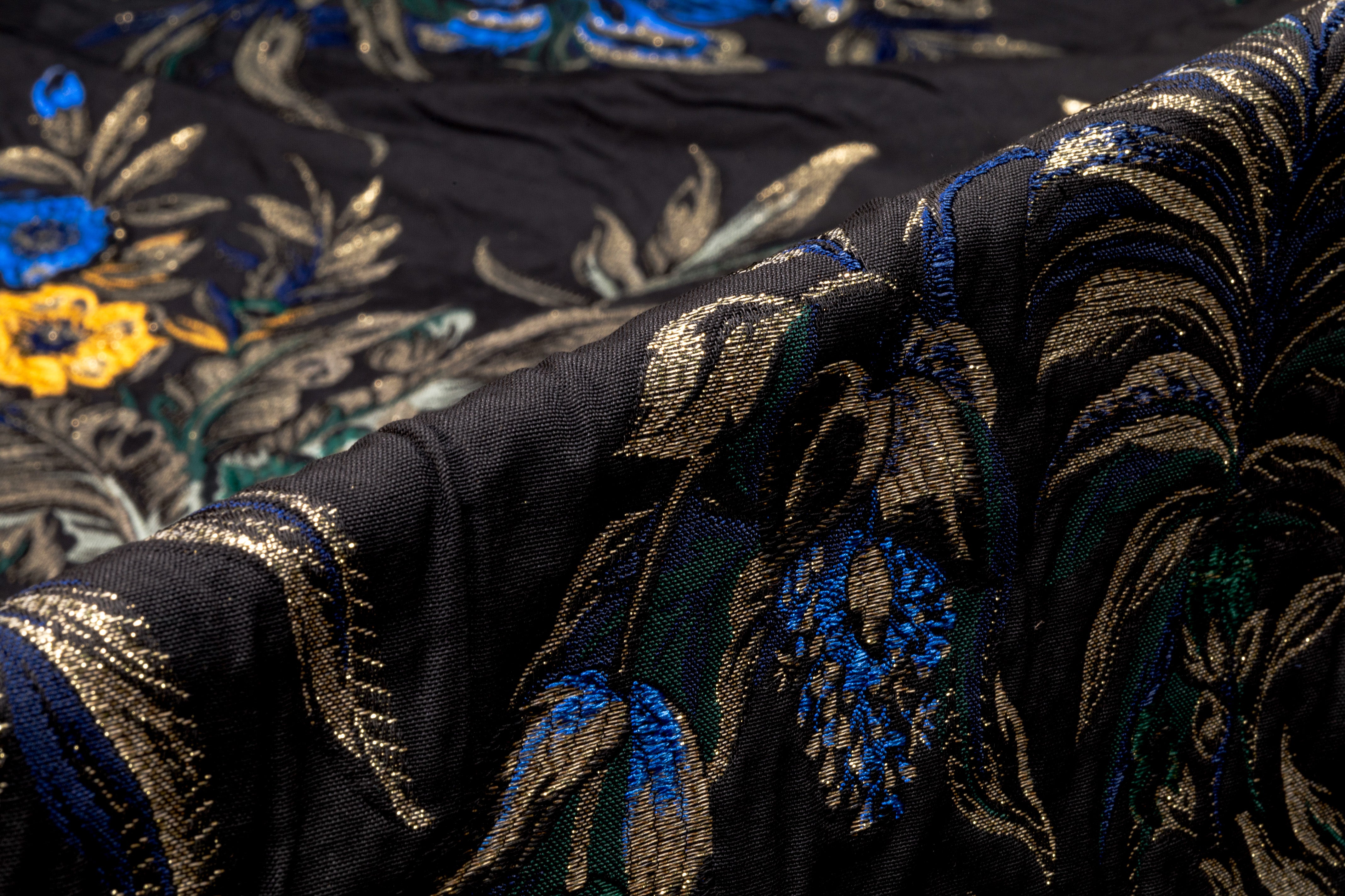 Floral Metallic Italian Brocade - Black / Blue / Gold