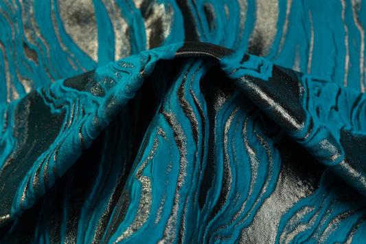 Abstract Metallic Italian Cloqué Brocade - Teal Blue