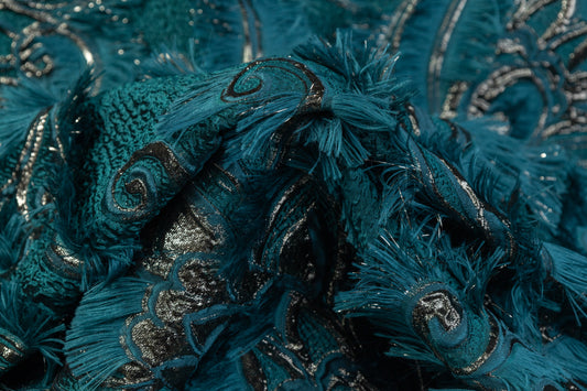 Fringed Italian Metallic Brocade - Teal Blue