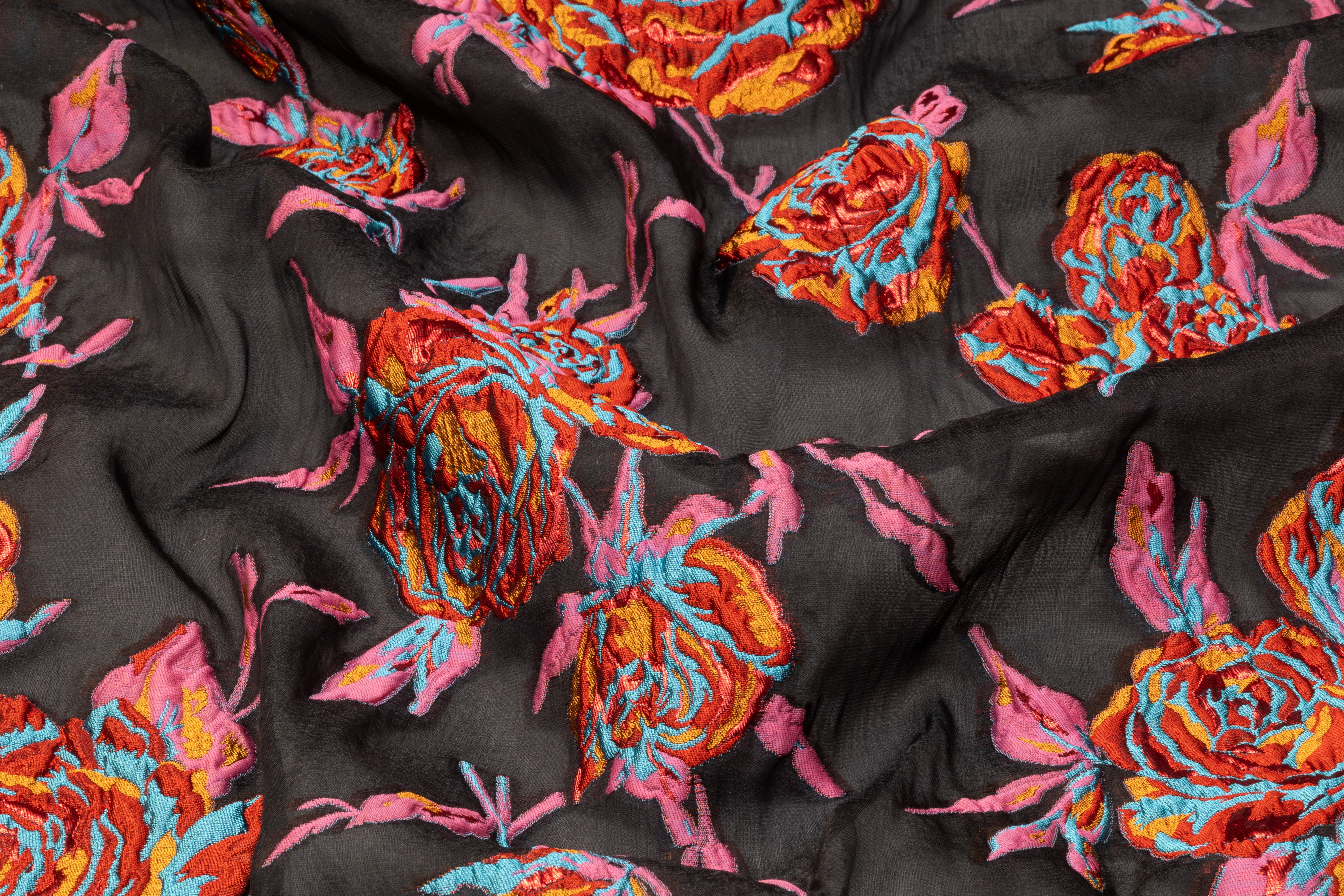 Floral Italian Silk Blend Organza Fil Coupé - Red / Turquoise / Copper / Pink