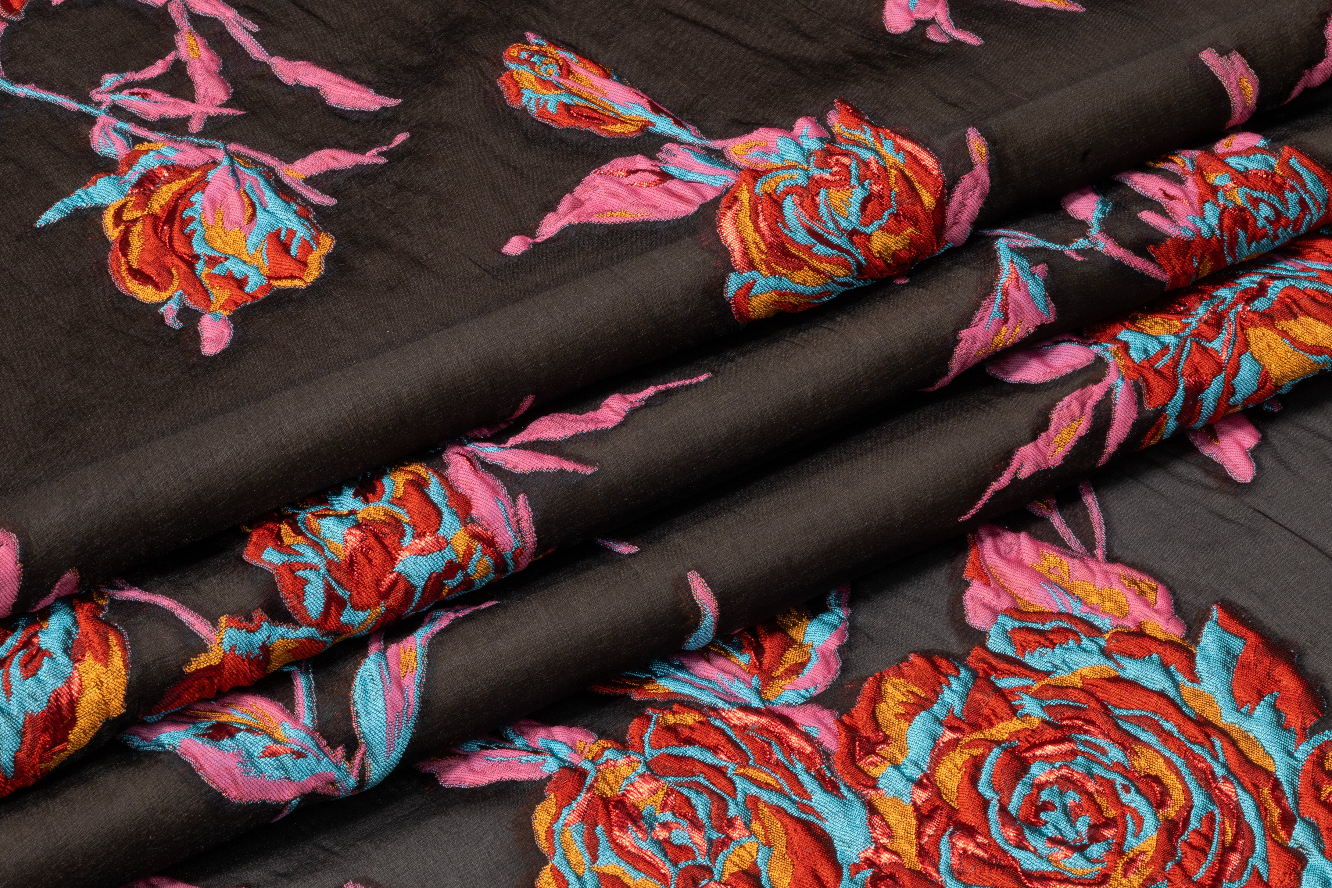 Floral Italian Silk Blend Organza Fil Coupé - Red / Turquoise / Copper / Pink