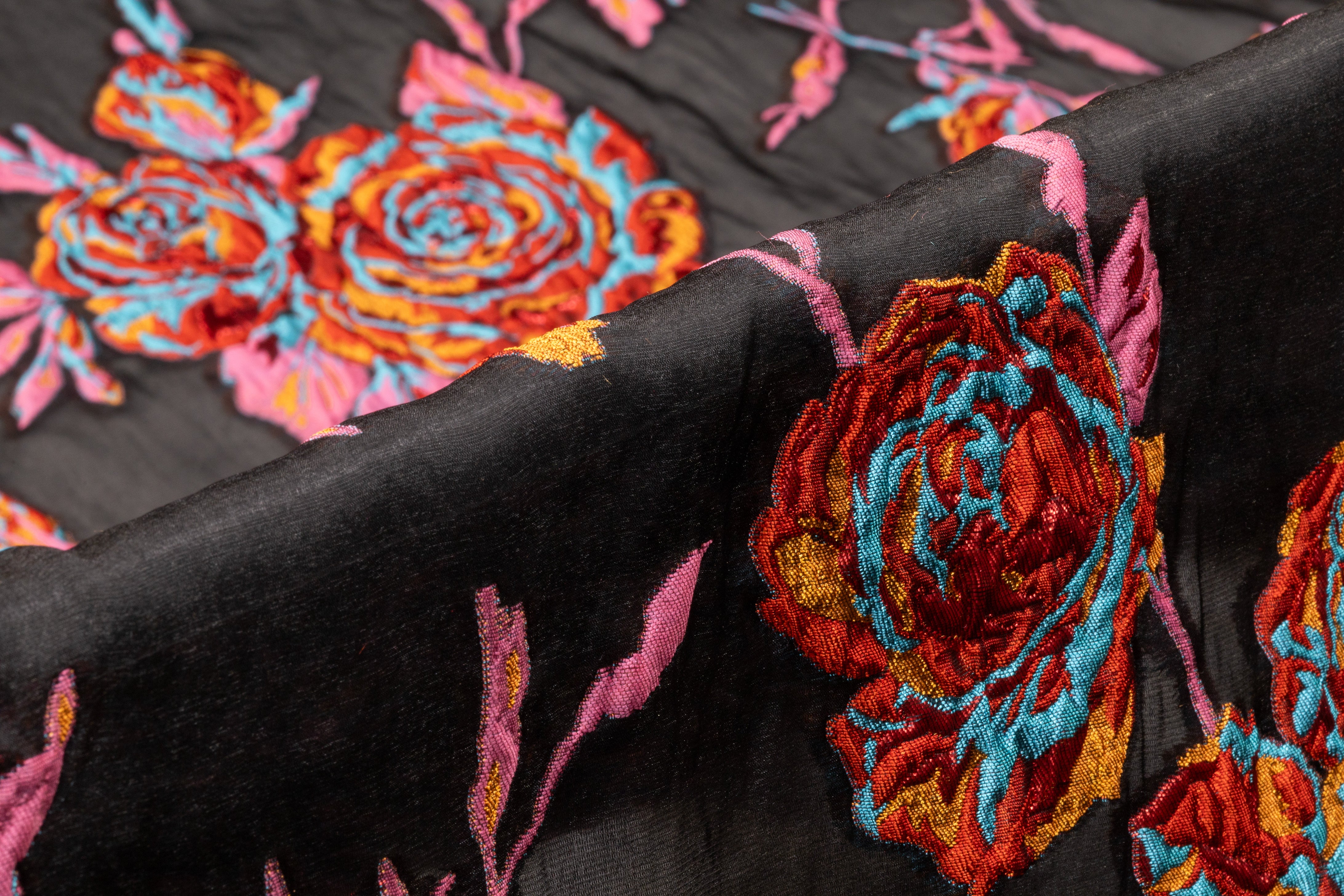 Floral Italian Silk Blend Organza Fil Coupé - Red / Turquoise / Copper / Pink
