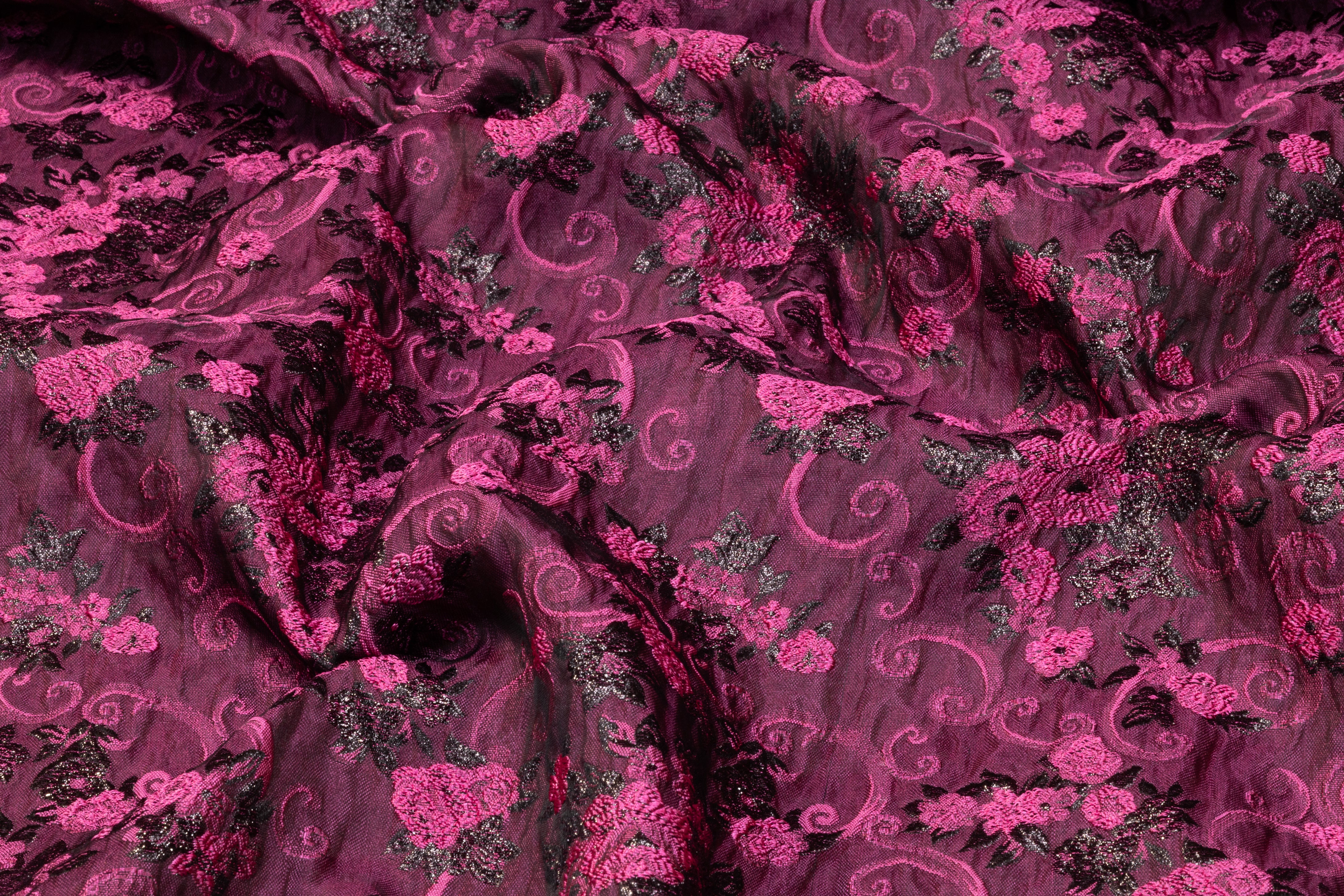 Floral Metallic Italian Silk Blend Brocade - Fuchsia
