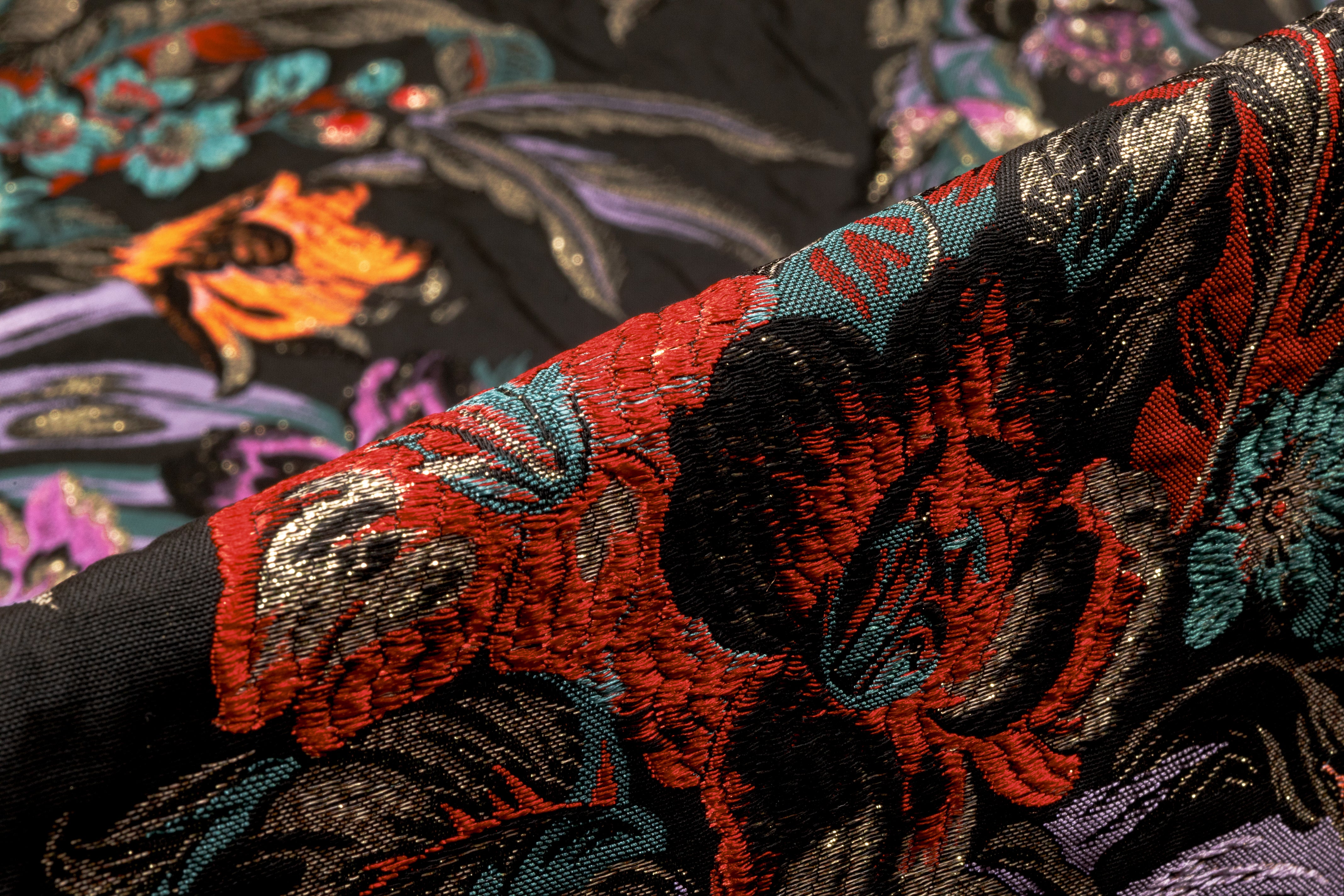 Floral Metallic Italian Brocade - Black / Red / Gold