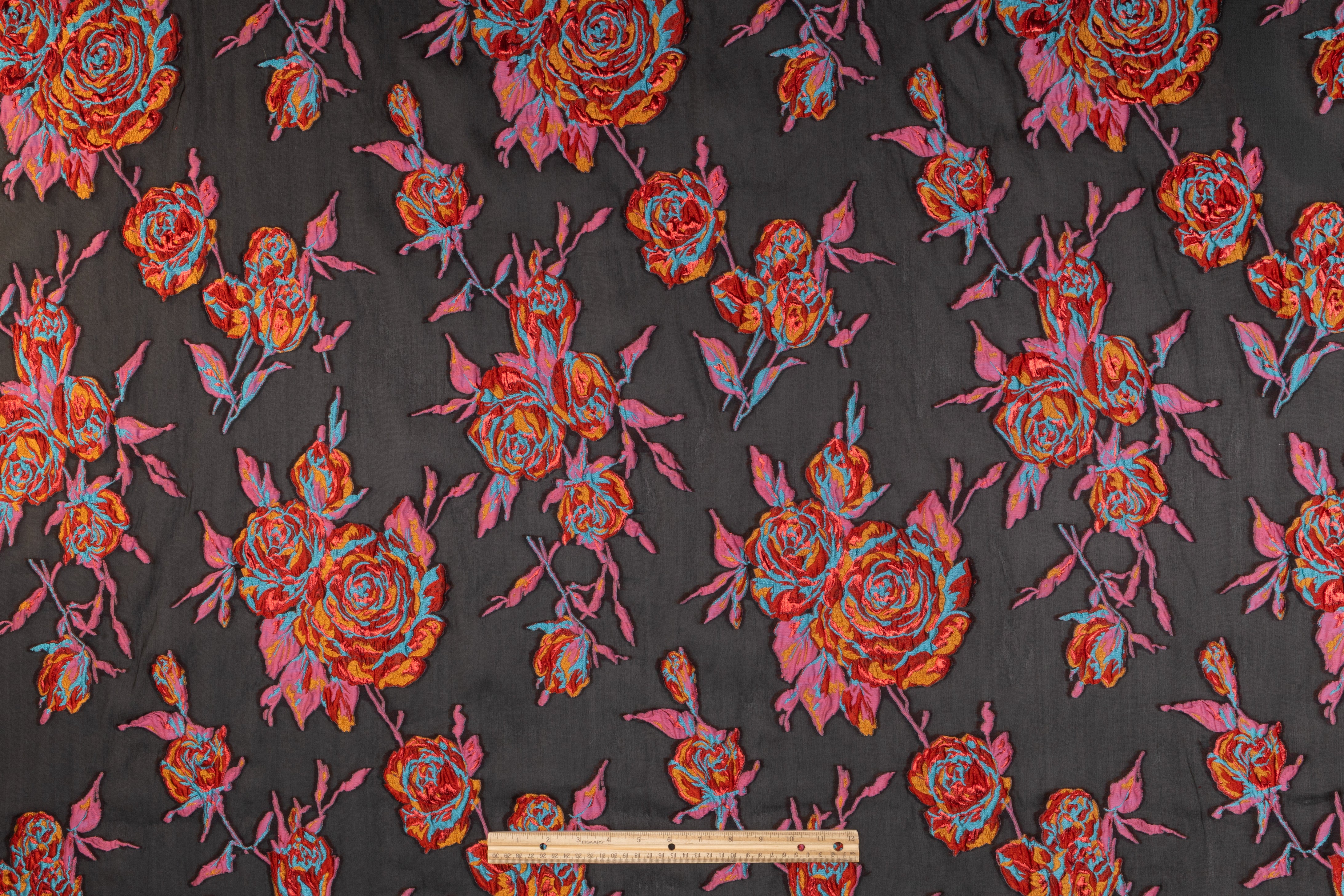 Floral Italian Silk Blend Organza Fil Coupé - Red / Turquoise / Copper / Pink