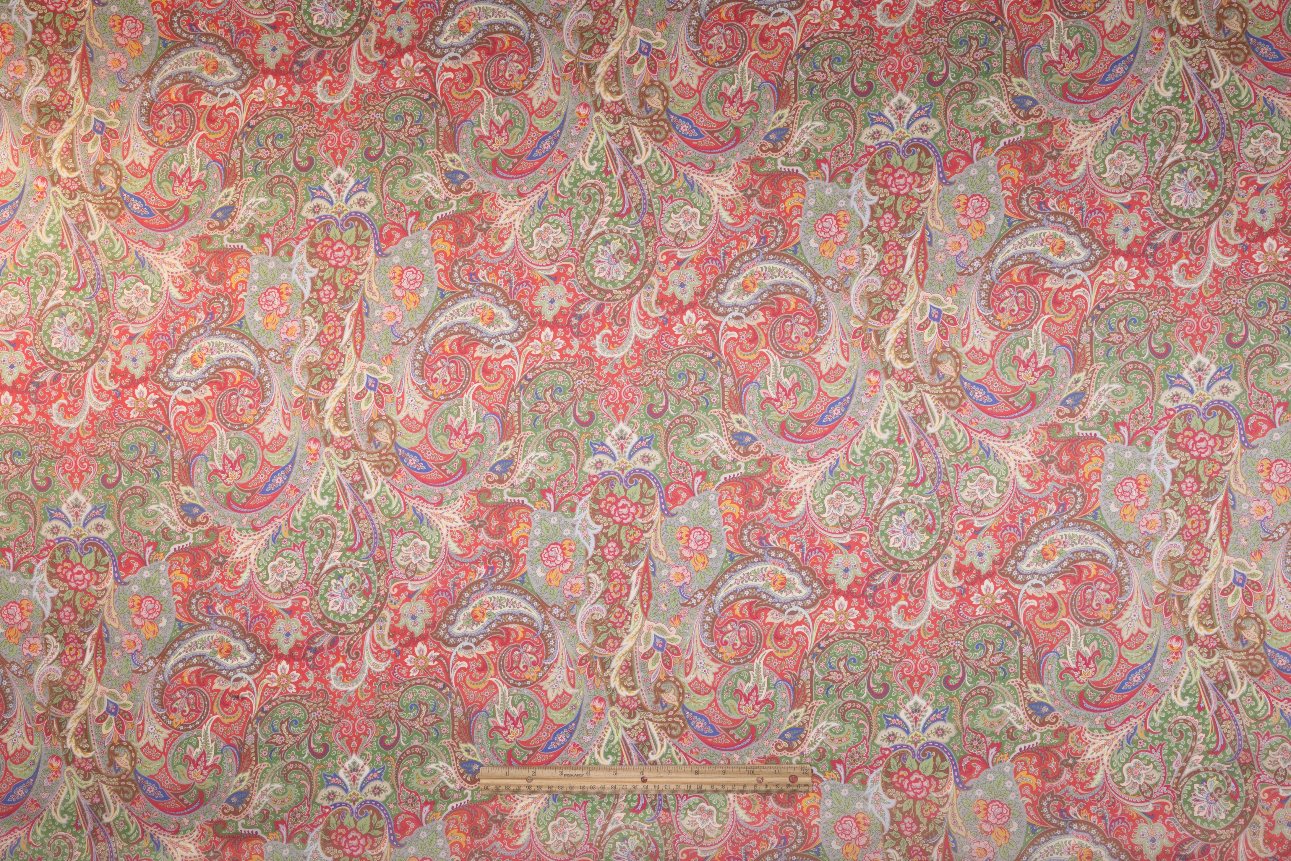 Paisley Italian Satin Organza - Raspberry / Green