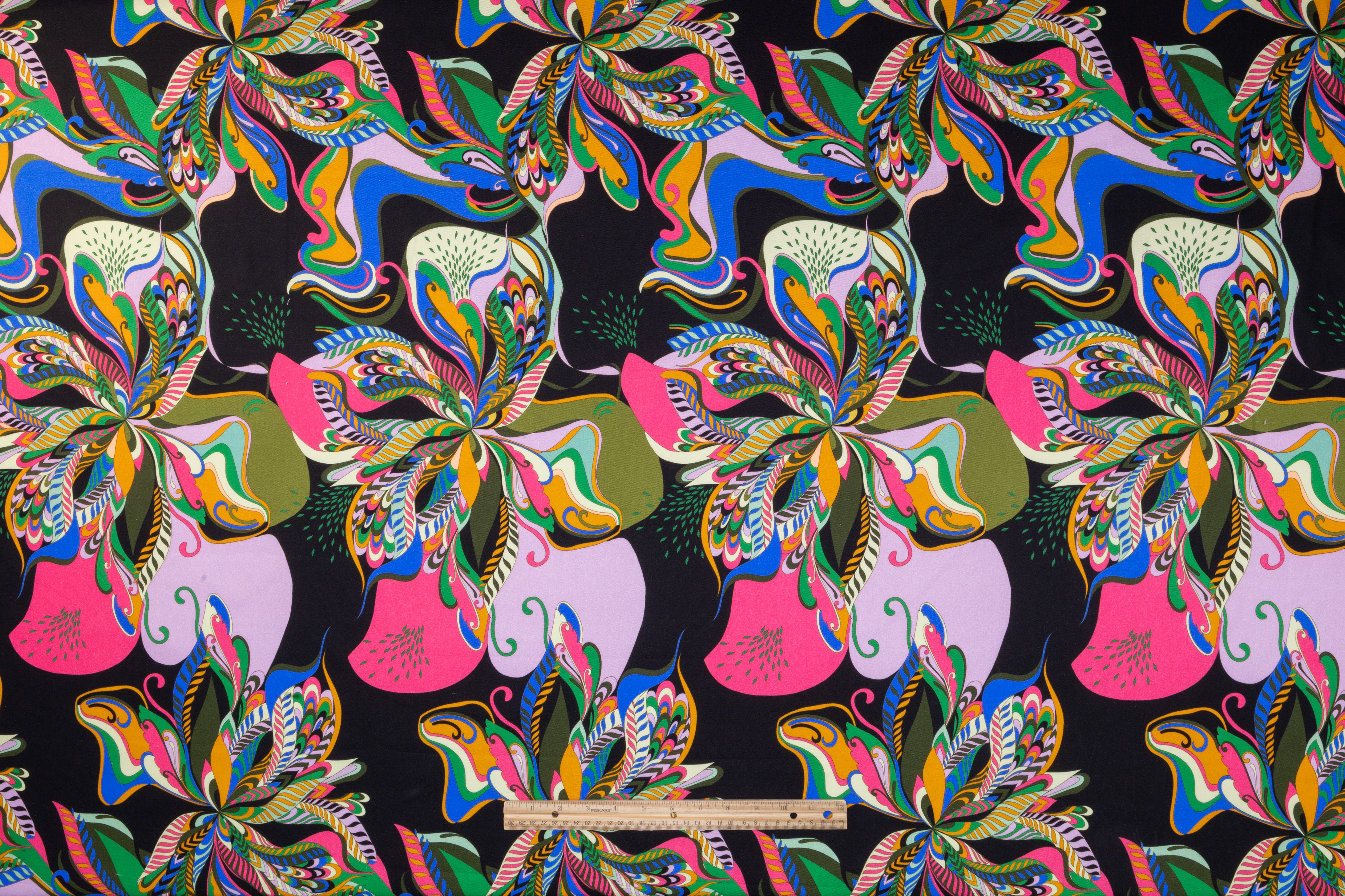 Abstract Floral Italian Cotton Twill - Black / Multicolor