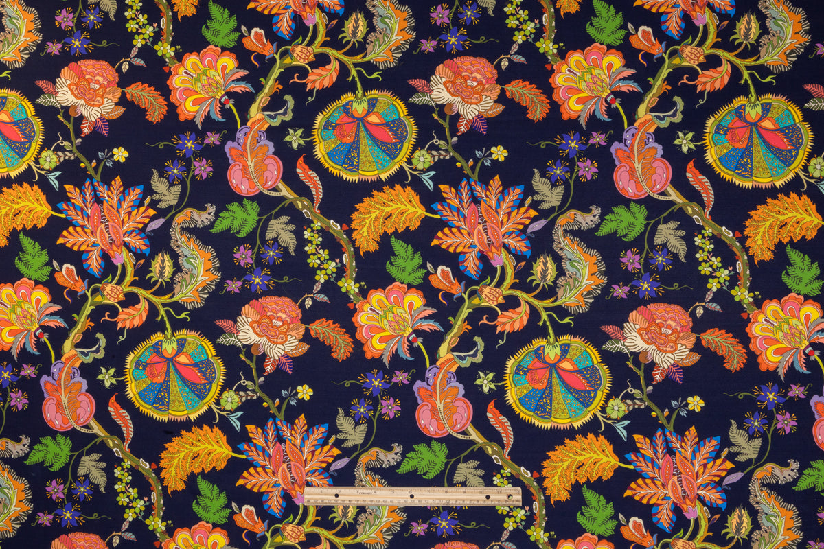 Floral Italian Printed Wool Crepe -Navy / Multicolor