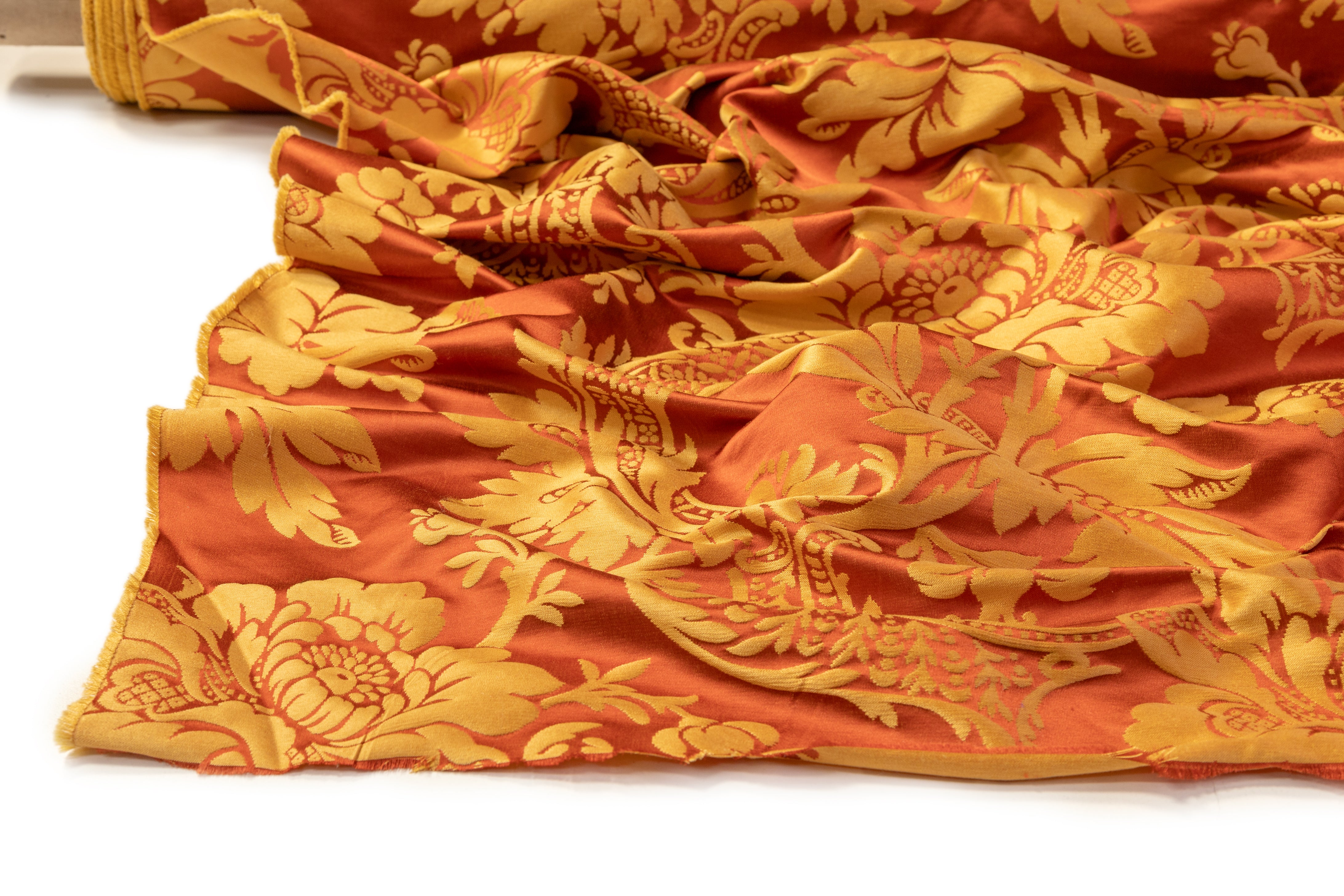Floral Italian Silk Viscose Brocade - Burnt Orange / Gold