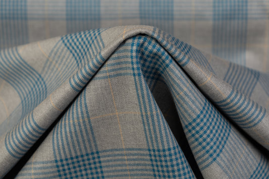 Checked Italian Wool Cashmere Suiting - Blue / Gray