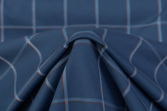 Windowpane Italian Wool Cashmere Suiting - Blue