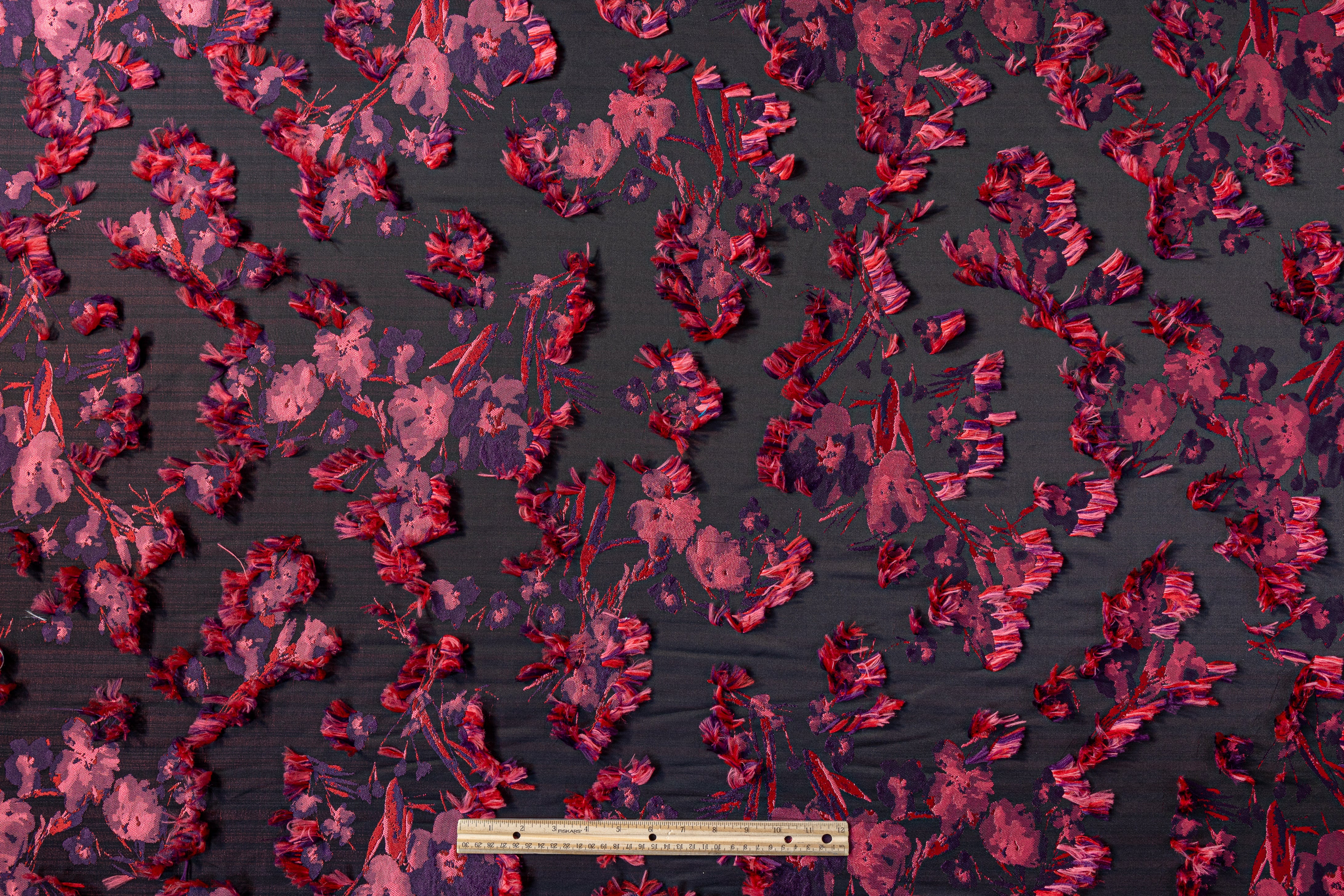 Floral Fringed Italian Satin Brocade - Black / Pink / Red / Purple